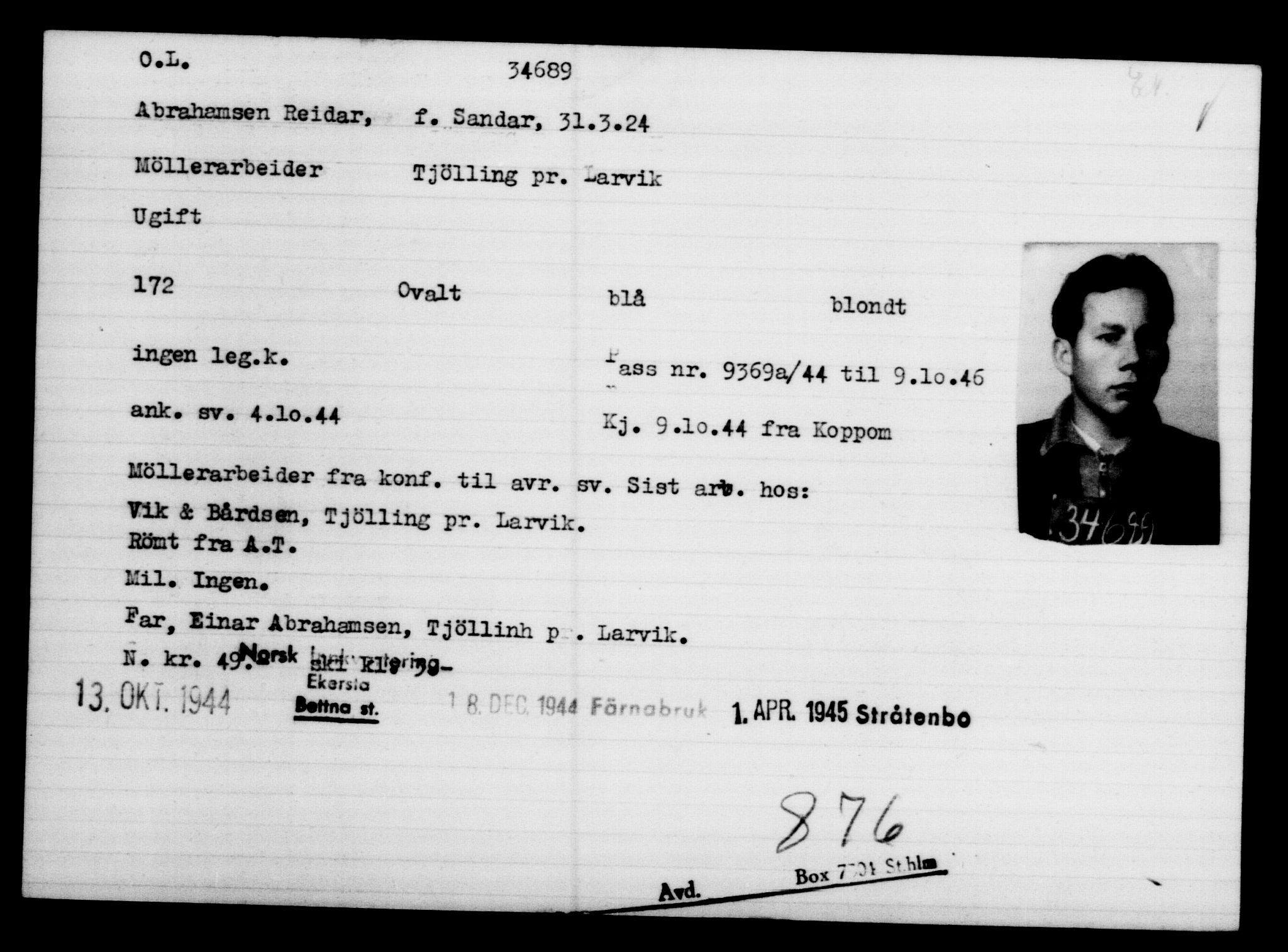 Utenriksstasjonene, Legasjonen i Stockholm, Flyktningkontoret, AV/RA-S-6753/V/Va/L0013: Kjesäterkartoteket, flyktninger med registreringsnr. 31500-34731, 1940-1945, p. 3362