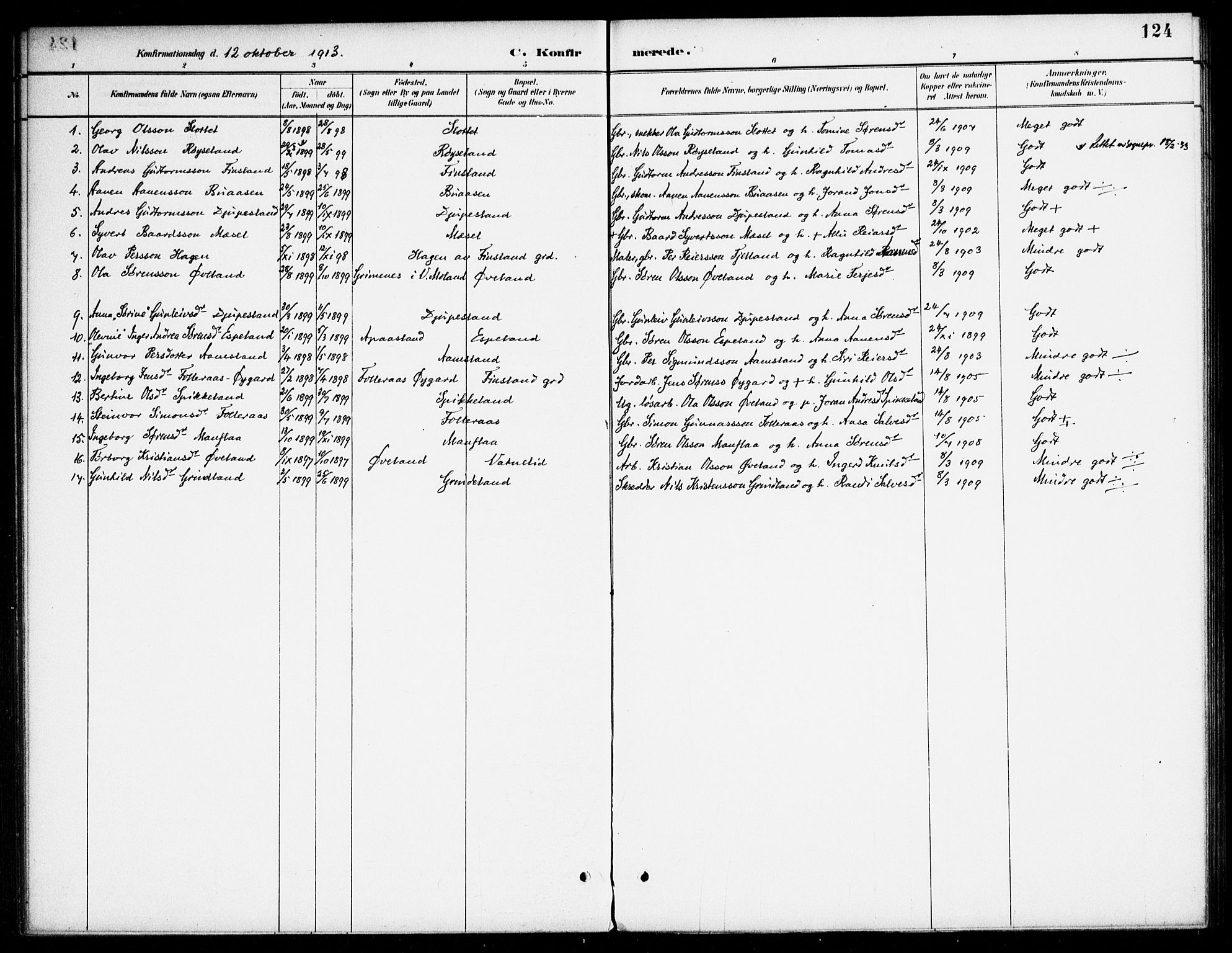 Bjelland sokneprestkontor, AV/SAK-1111-0005/F/Fa/Fab/L0004: Parish register (official) no. A 4, 1887-1920, p. 124