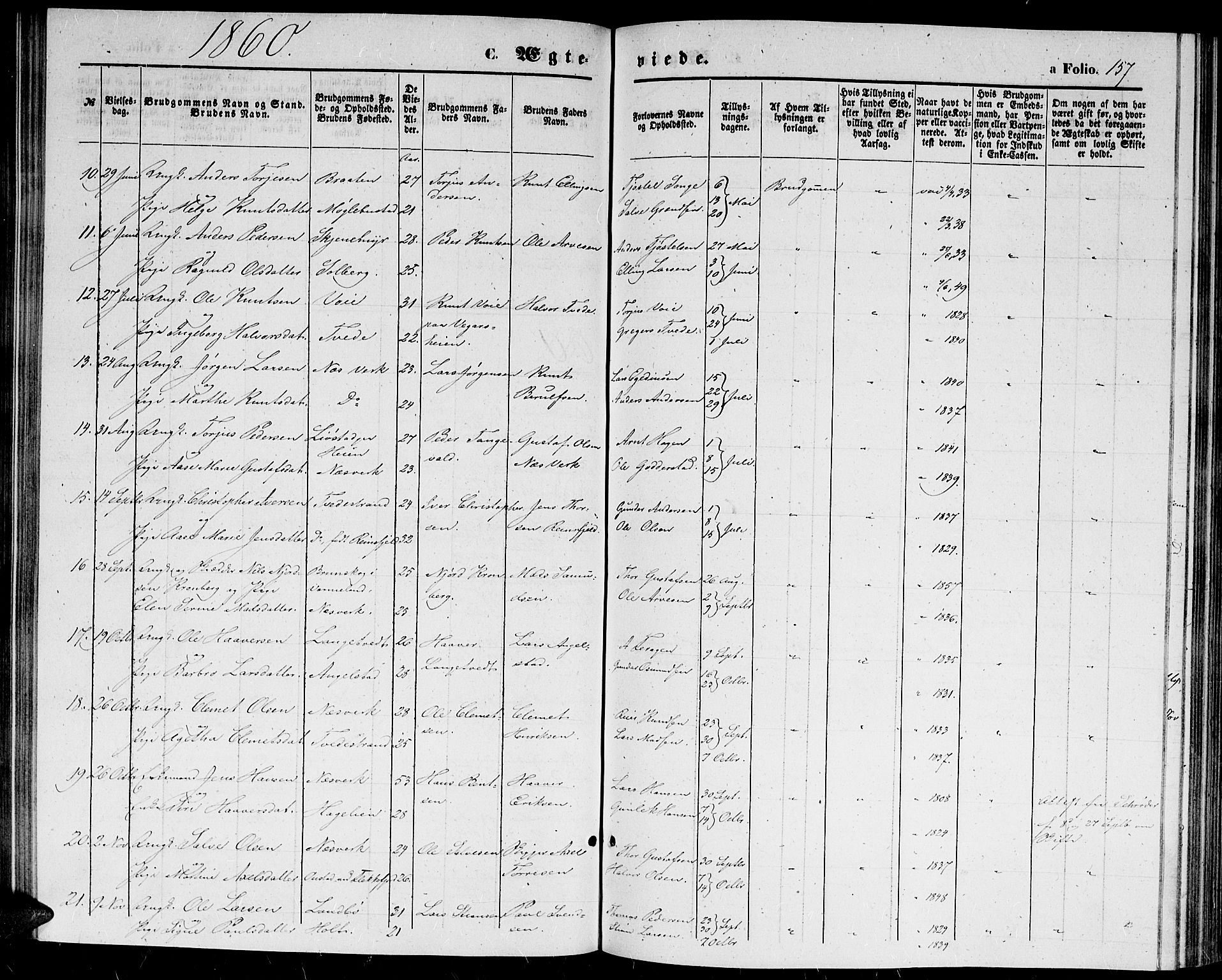 Holt sokneprestkontor, AV/SAK-1111-0021/F/Fb/L0008: Parish register (copy) no. B 8, 1858-1871, p. 157