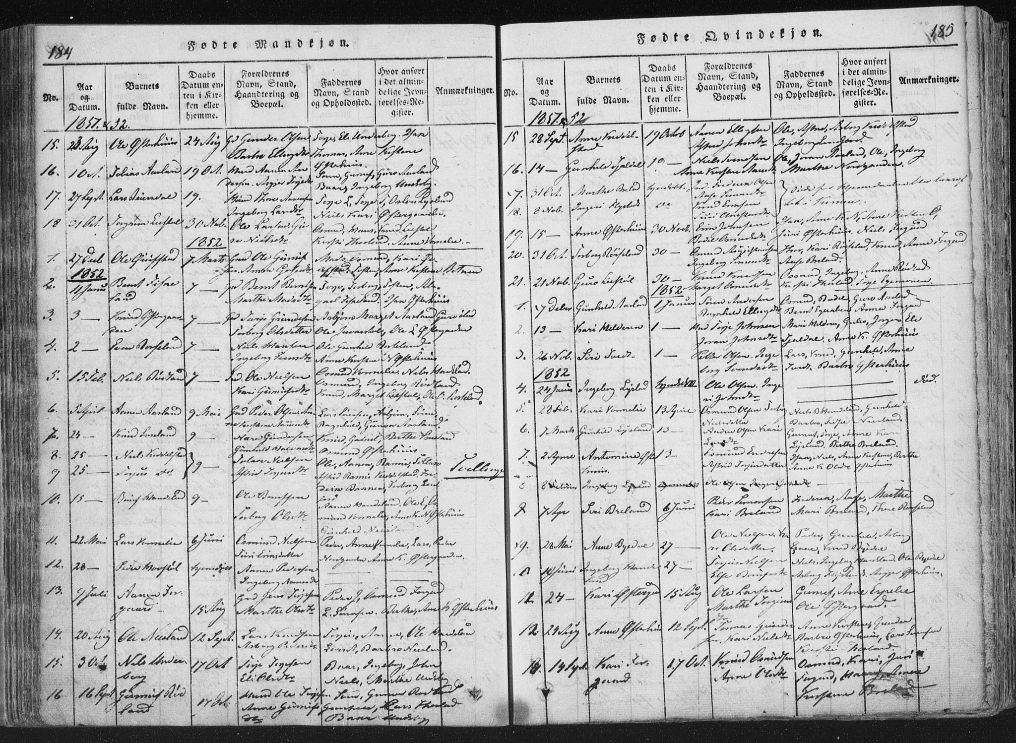 Åseral sokneprestkontor, SAK/1111-0051/F/Fa/L0001: Parish register (official) no. A 1, 1815-1853, p. 184-185