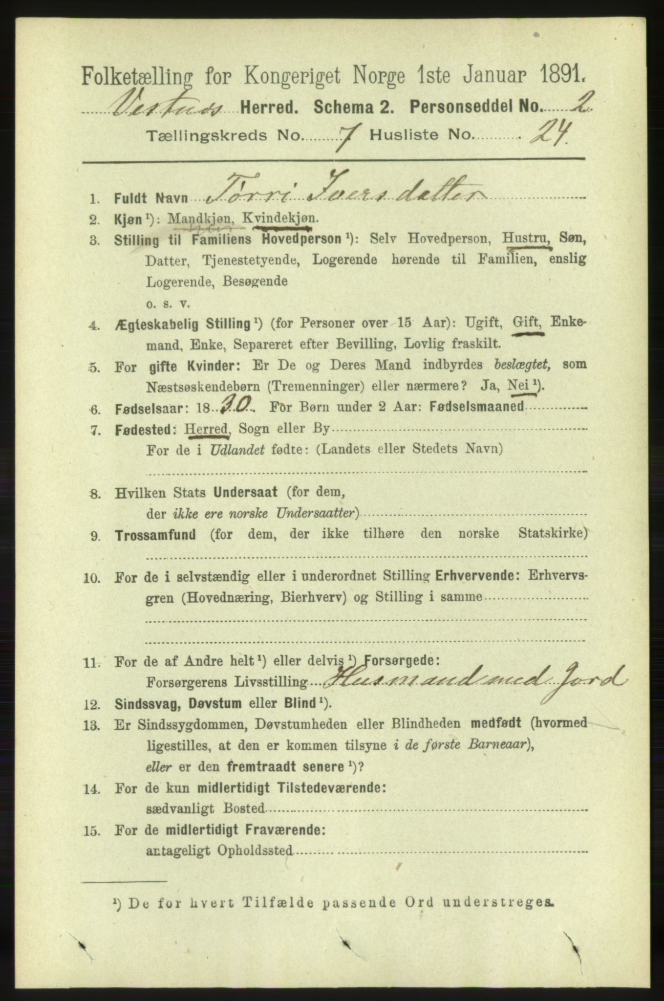 RA, 1891 census for 1535 Vestnes, 1891, p. 2860