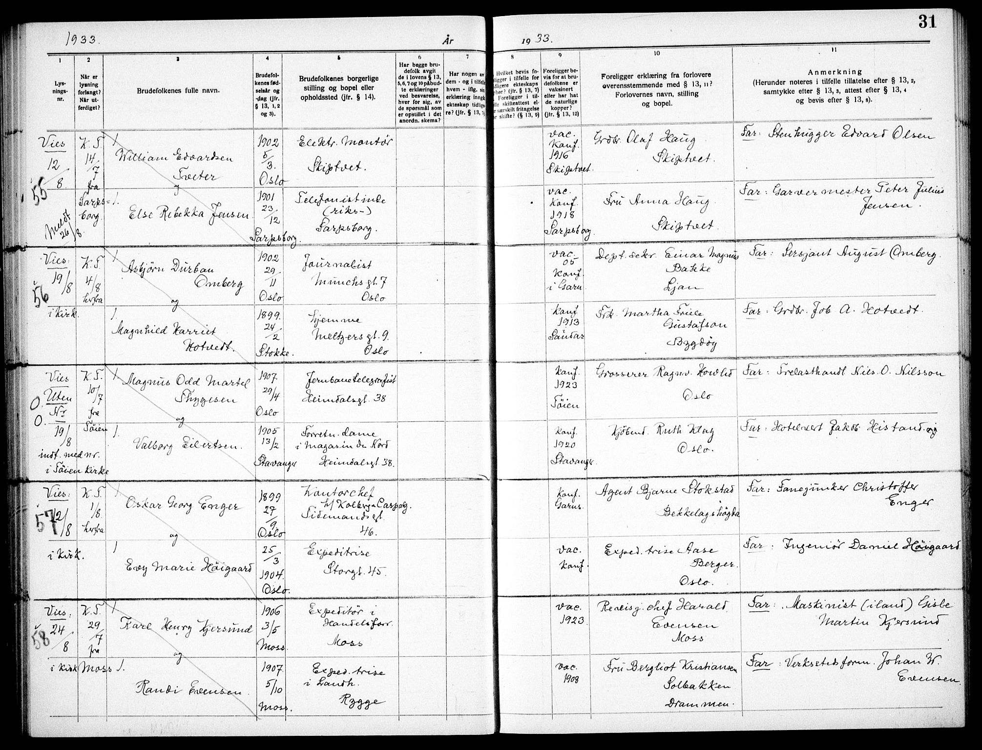 Garnisonsmenigheten Kirkebøker, AV/SAO-A-10846/H/Ha/L0011: Banns register no. I 11, 1932-1936, p. 31