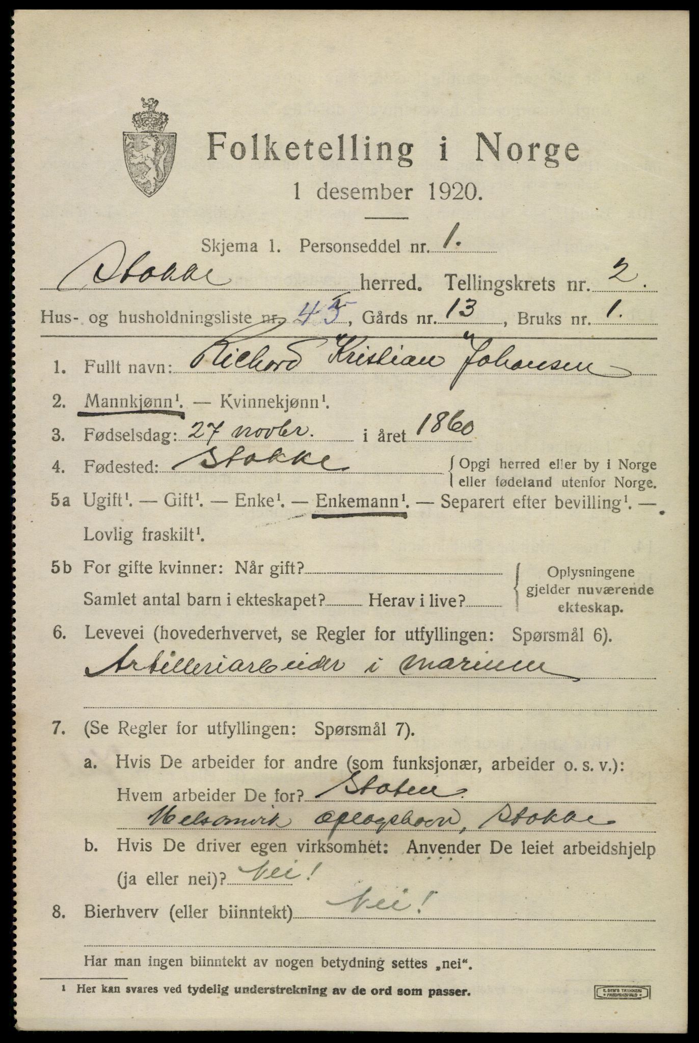 SAKO, 1920 census for Stokke, 1920, p. 3458