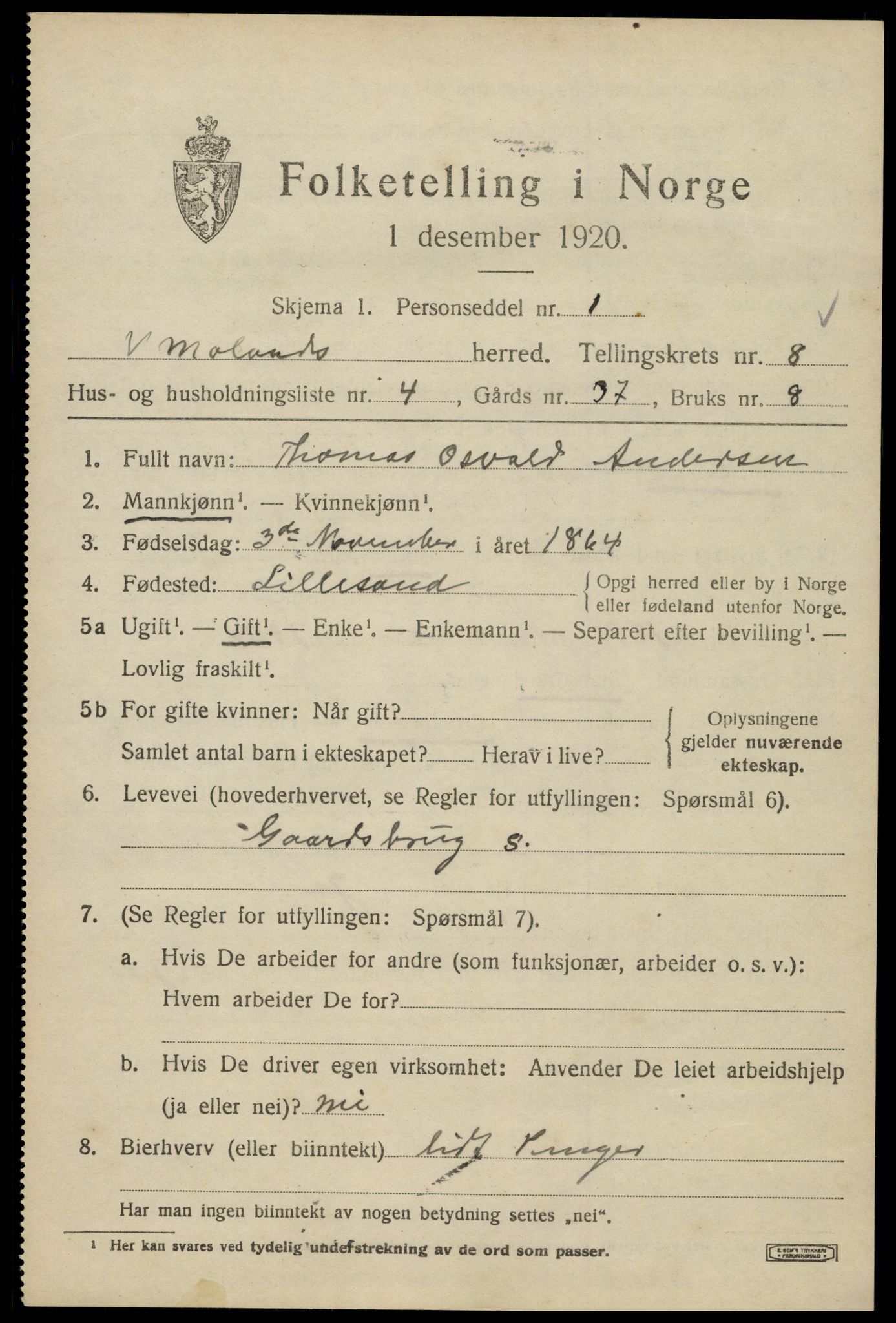 SAK, 1920 census for Vestre Moland, 1920, p. 5235