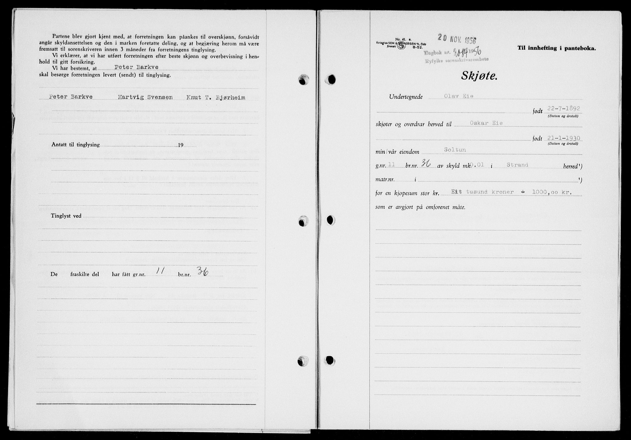 Ryfylke tingrett, SAST/A-100055/001/II/IIB/L0135: Mortgage book no. 114, 1956-1957, Diary no: : 2084/1956