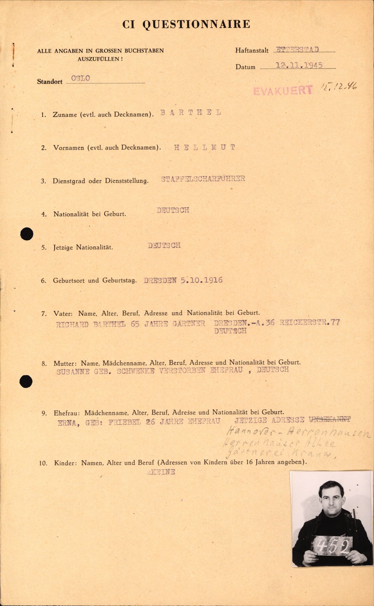 Forsvaret, Forsvarets overkommando II, RA/RAFA-3915/D/Db/L0002: CI Questionaires. Tyske okkupasjonsstyrker i Norge. Tyskere., 1945-1946, p. 141
