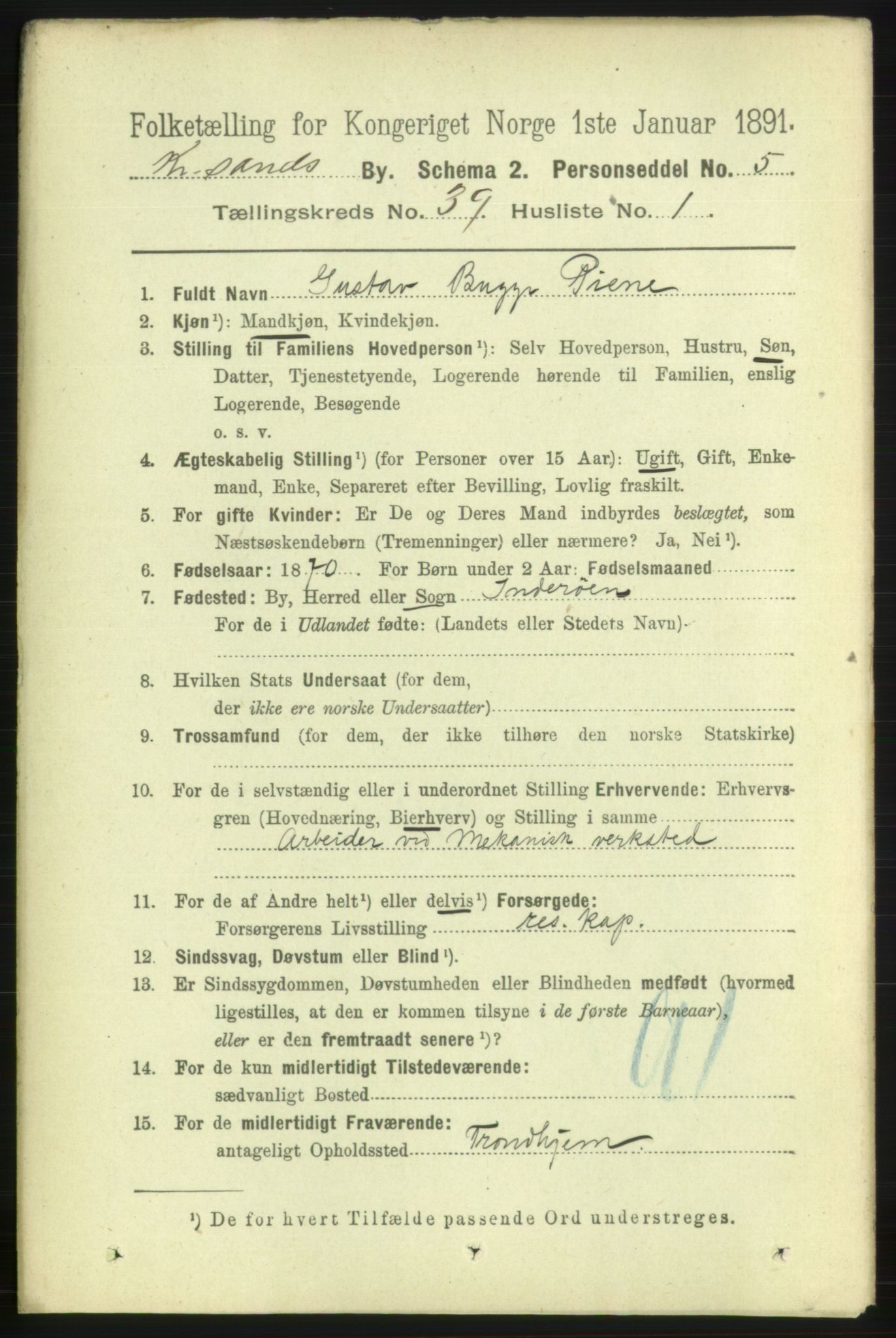 RA, 1891 census for 1001 Kristiansand, 1891, p. 12300