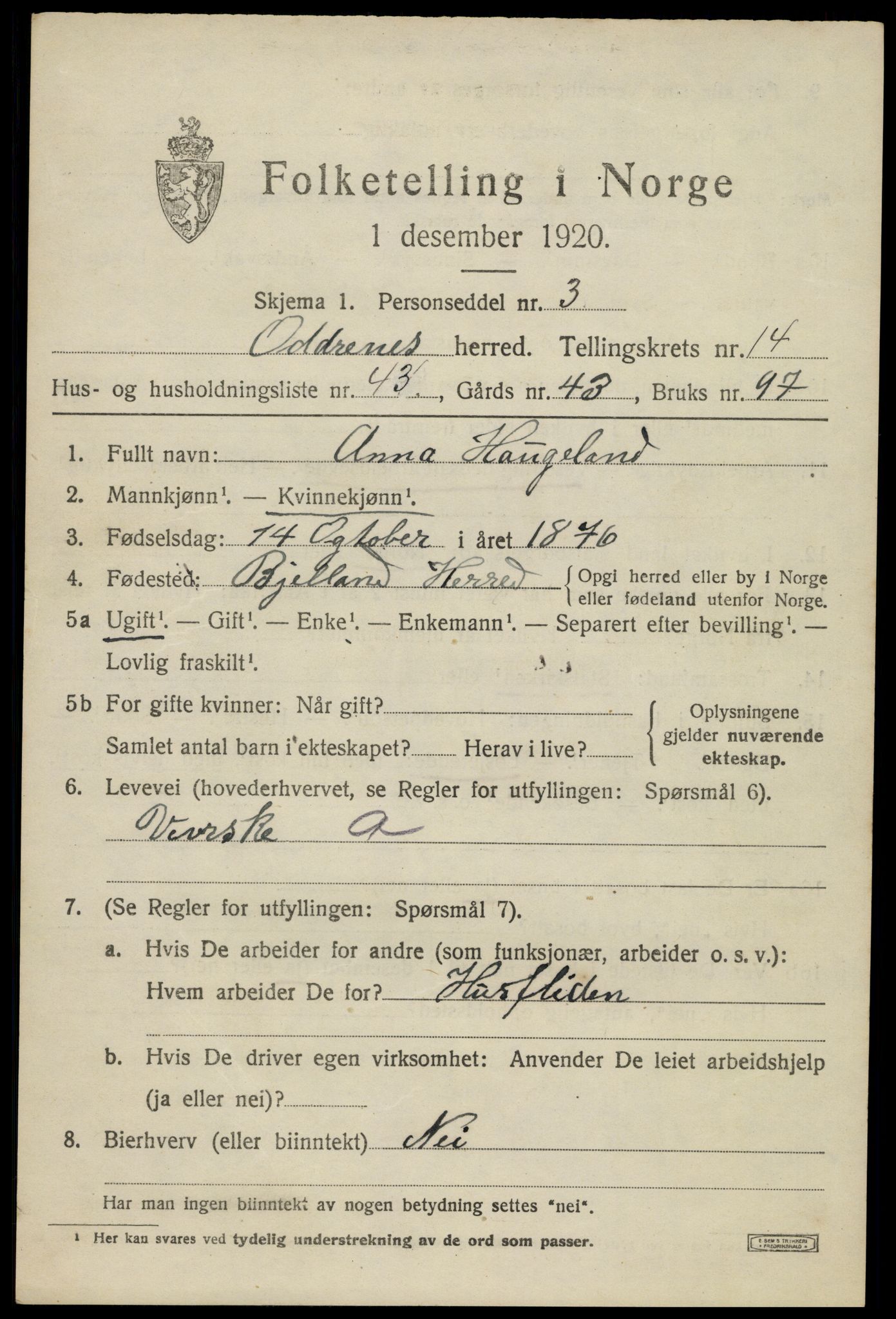 SAK, 1920 census for Oddernes, 1920, p. 8961