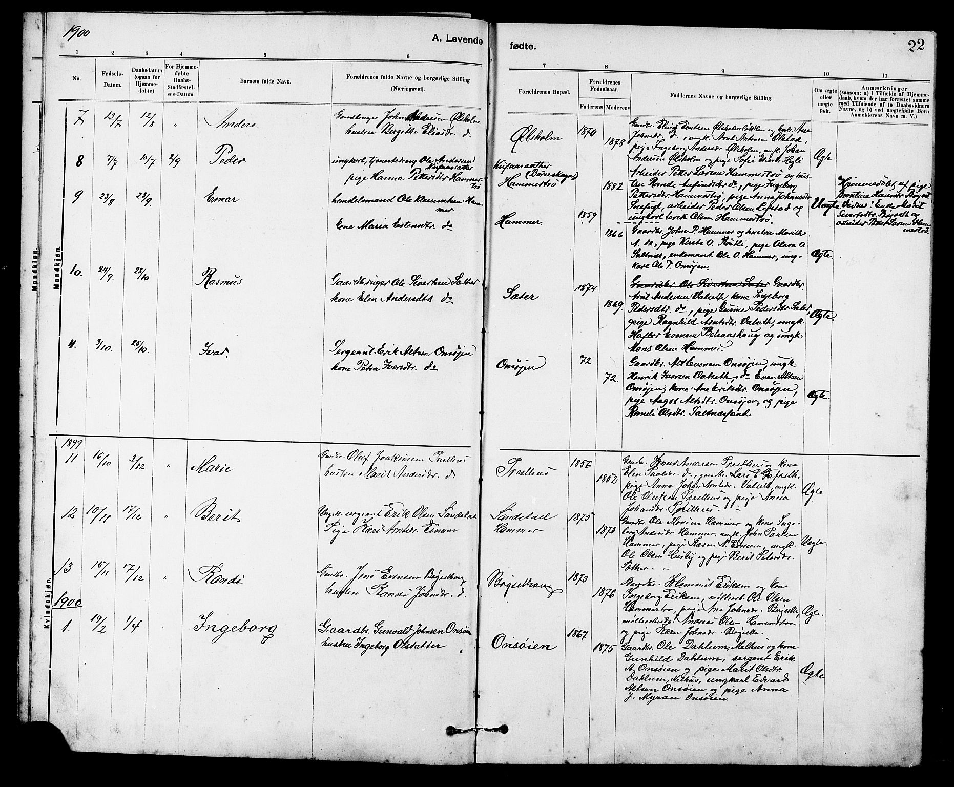 Ministerialprotokoller, klokkerbøker og fødselsregistre - Sør-Trøndelag, AV/SAT-A-1456/666/L0790: Parish register (copy) no. 666C03, 1885-1908, p. 22