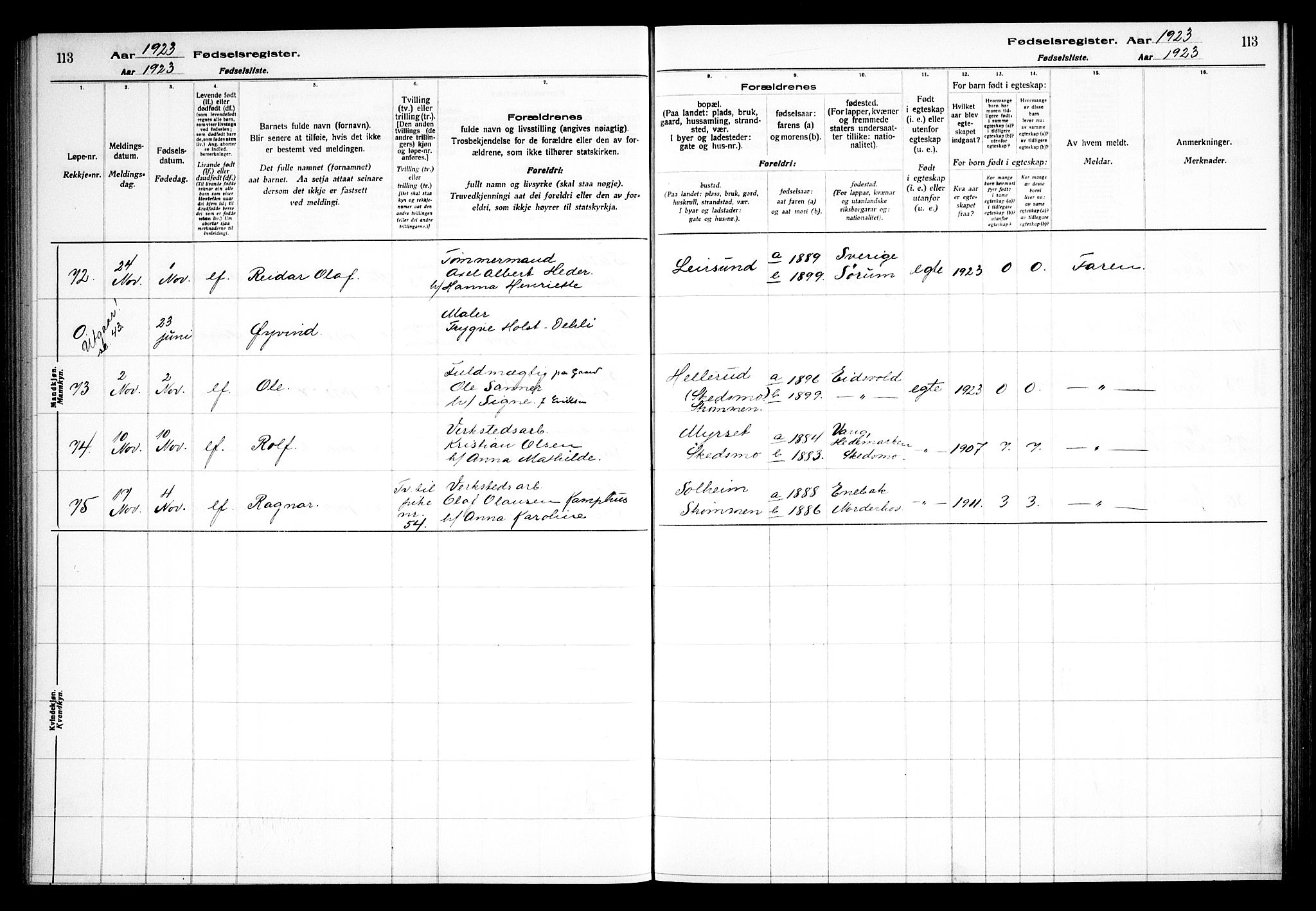 Skedsmo prestekontor Kirkebøker, AV/SAO-A-10033a/J/Ja/L0001: Birth register no. I 1, 1916-1931, p. 113