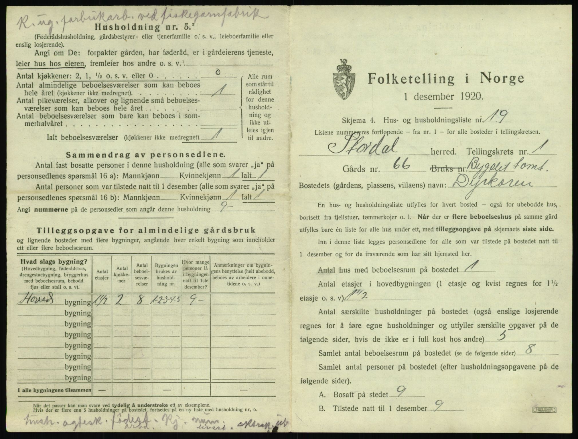 SAT, 1920 census for Stordal, 1920, p. 72