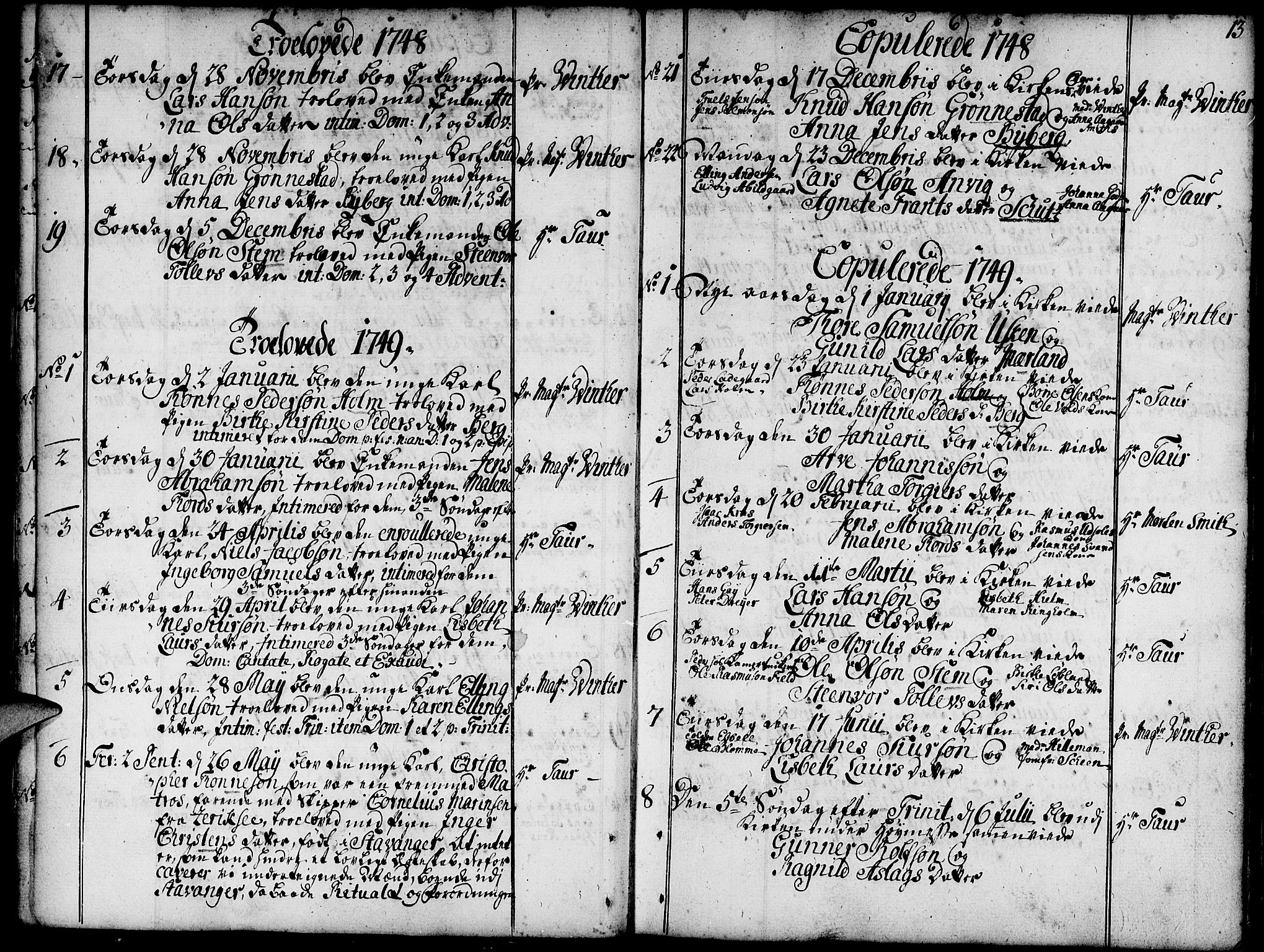 Domkirken sokneprestkontor, SAST/A-101812/001/30/30BA/L0004: Parish register (official) no. A 4, 1744-1782, p. 13