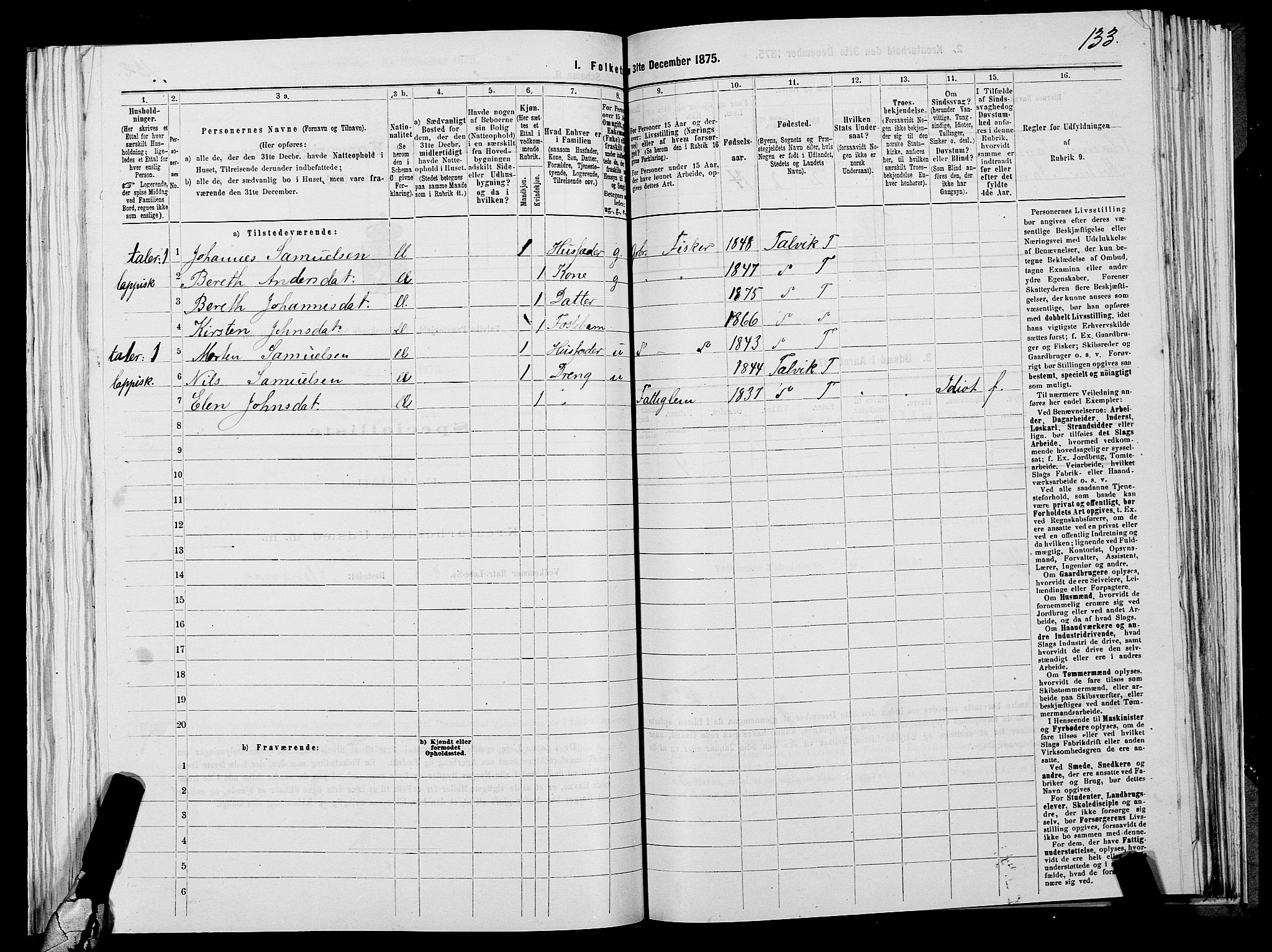 SATØ, 1875 census for 2013P Talvik, 1875, p. 1133