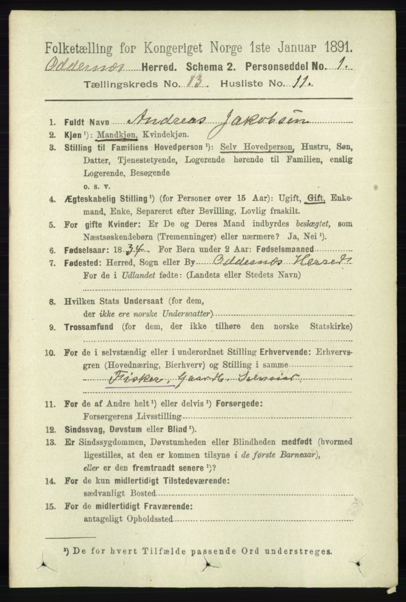 RA, 1891 census for 1012 Oddernes, 1891, p. 4702