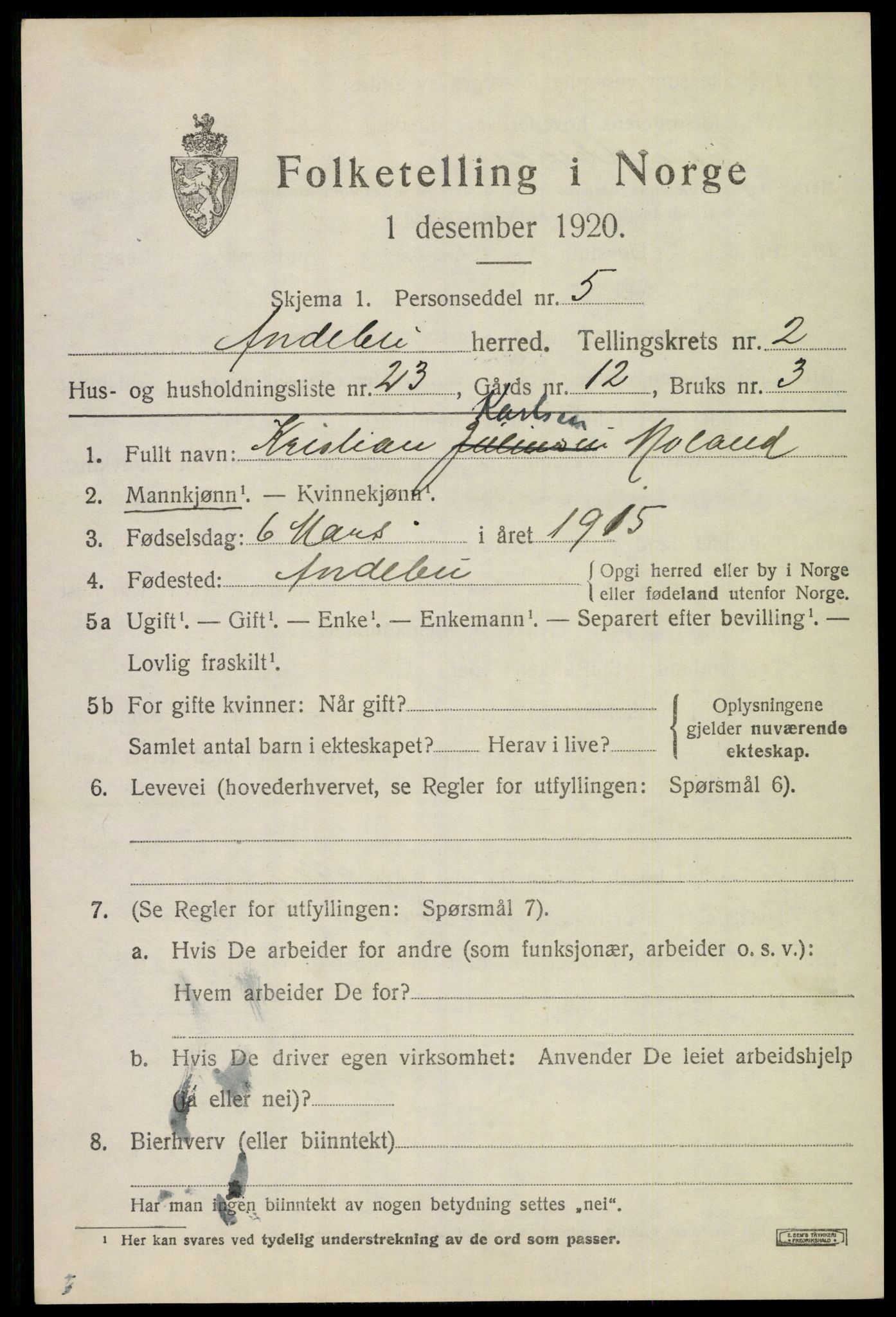 SAKO, 1920 census for Andebu, 1920, p. 1814