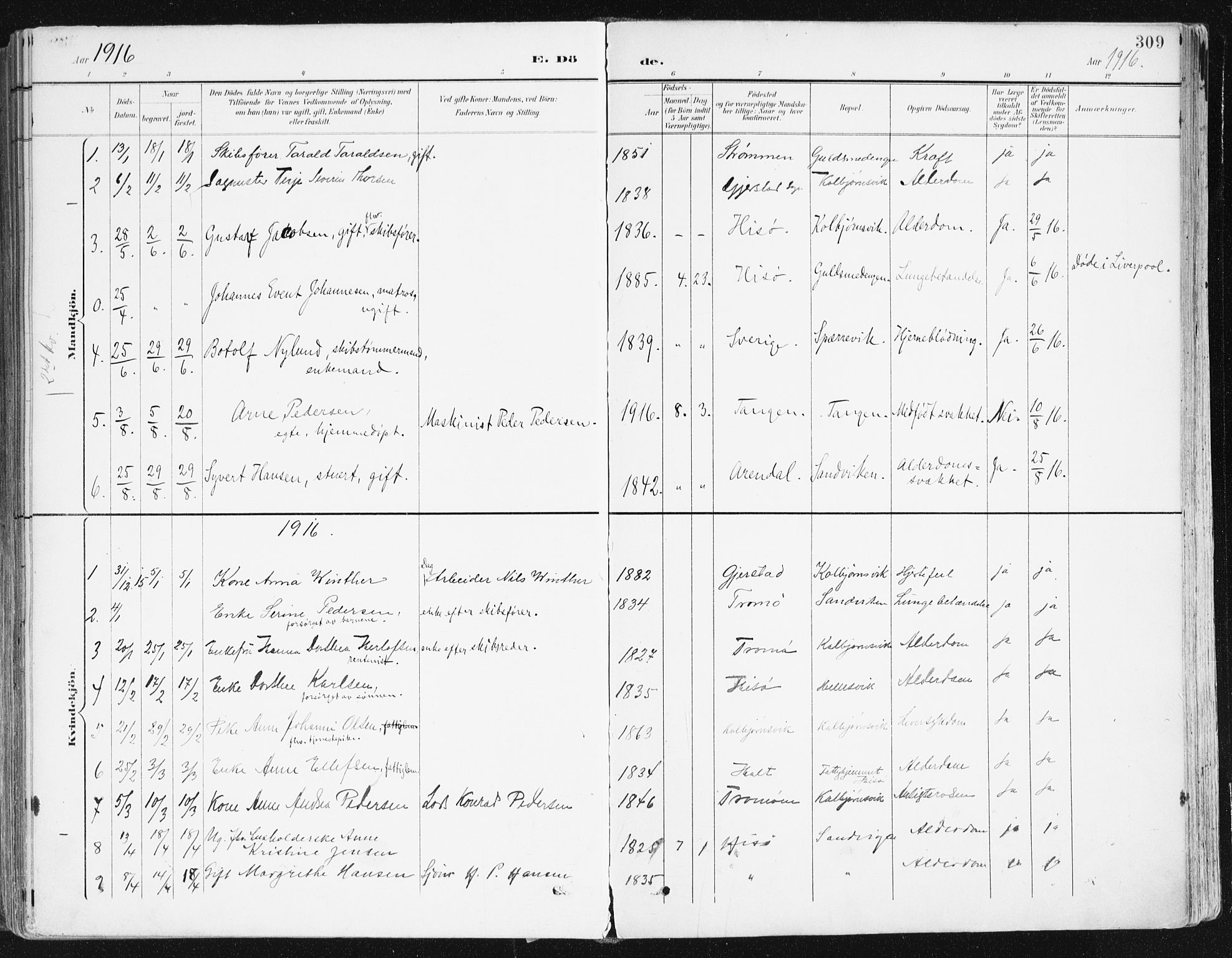 Hisøy sokneprestkontor, AV/SAK-1111-0020/F/Fa/L0004: Parish register (official) no. A 4, 1895-1917, p. 309