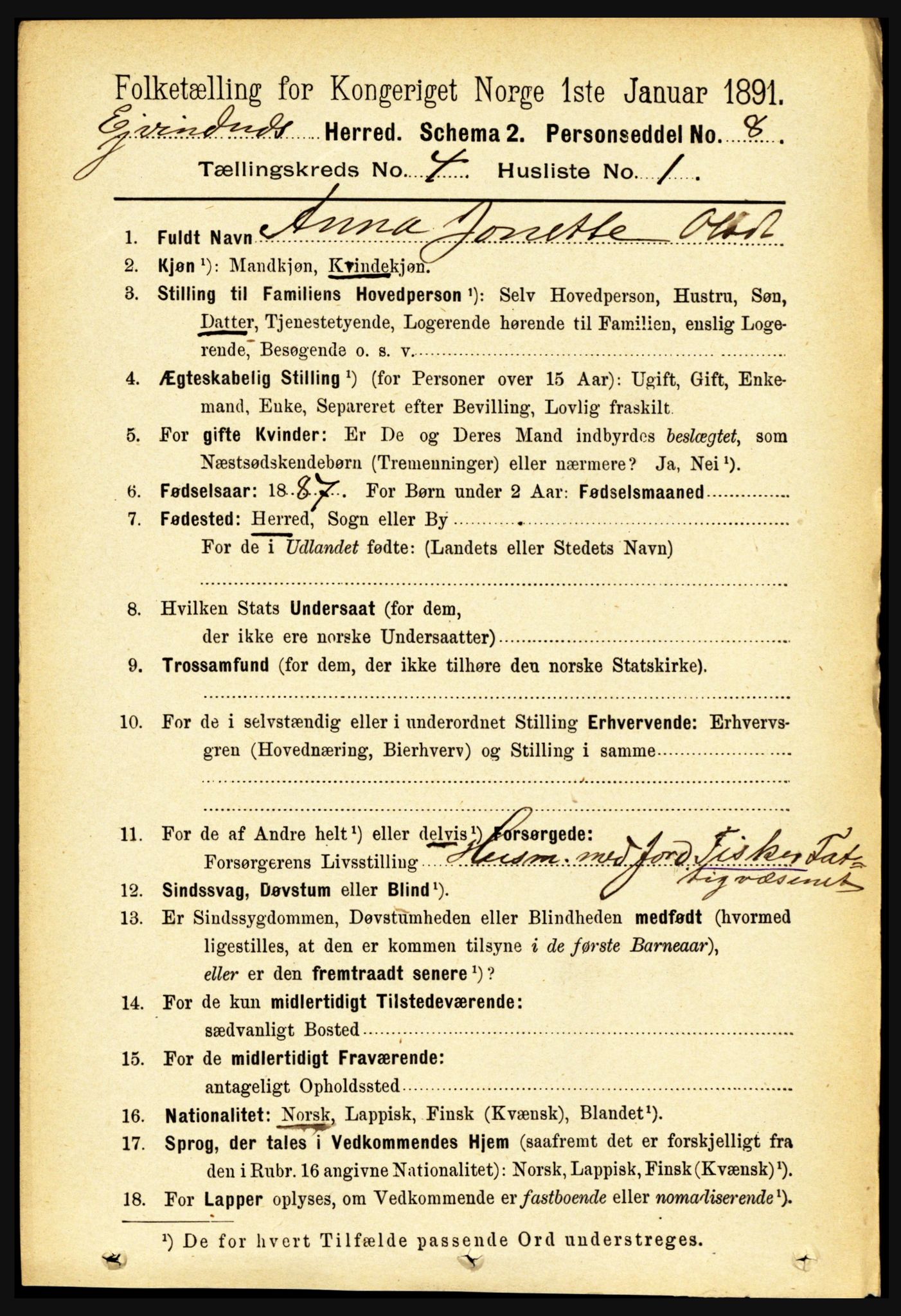 RA, 1891 census for 1853 Evenes, 1891, p. 1233