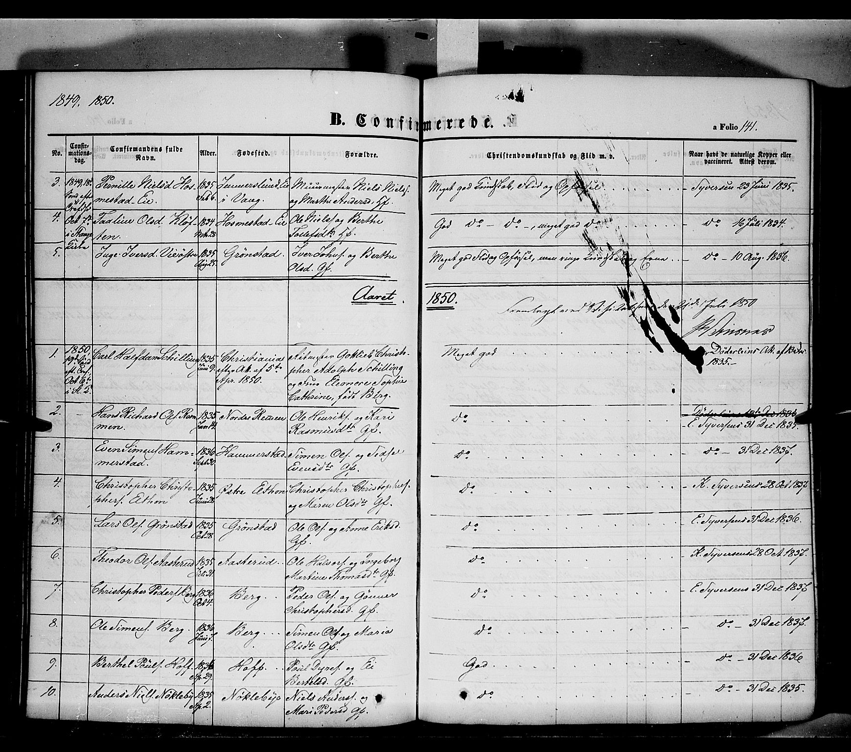 Stange prestekontor, SAH/PREST-002/K/L0011: Parish register (official) no. 11, 1846-1852, p. 141