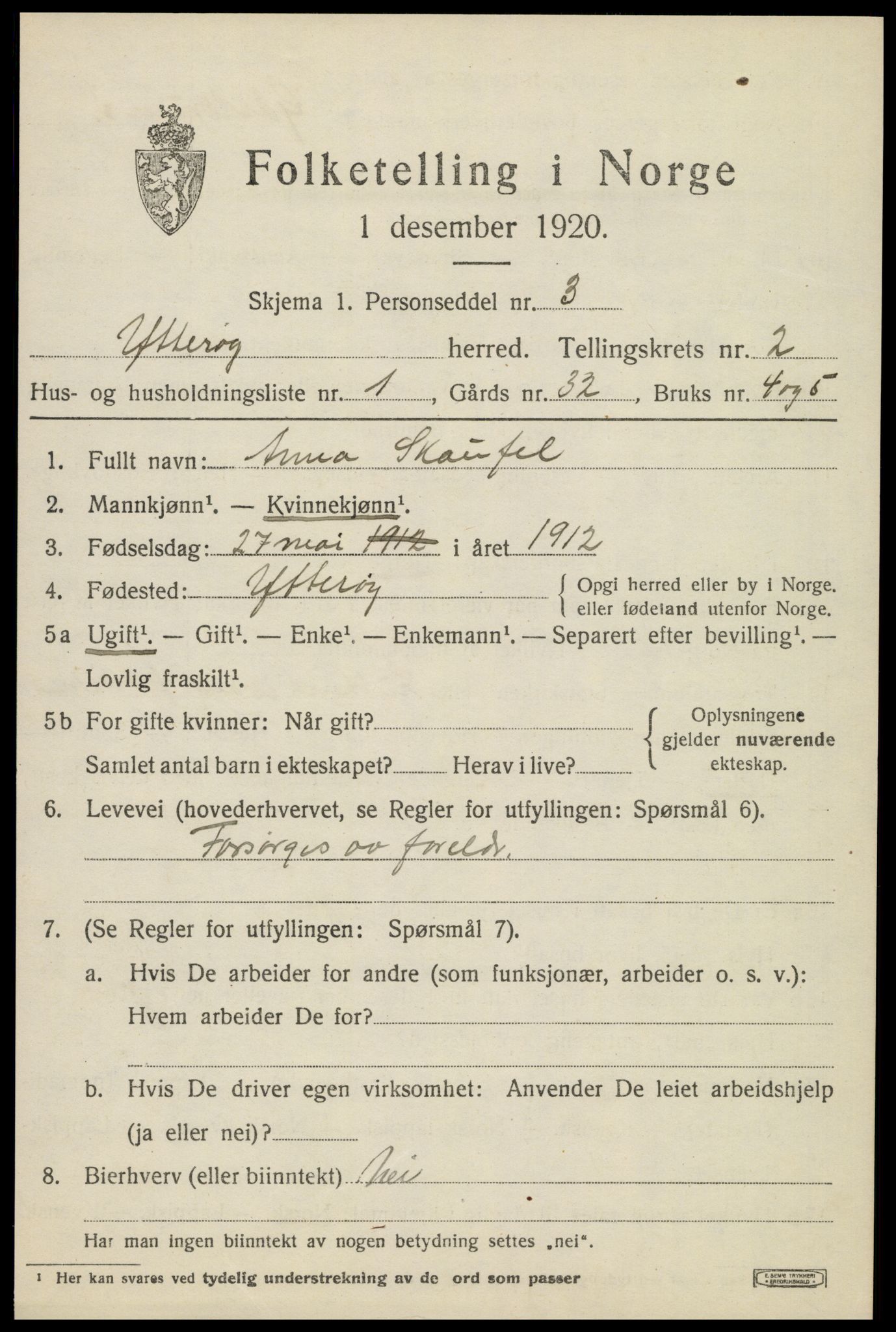 SAT, 1920 census for Ytterøy, 1920, p. 1015