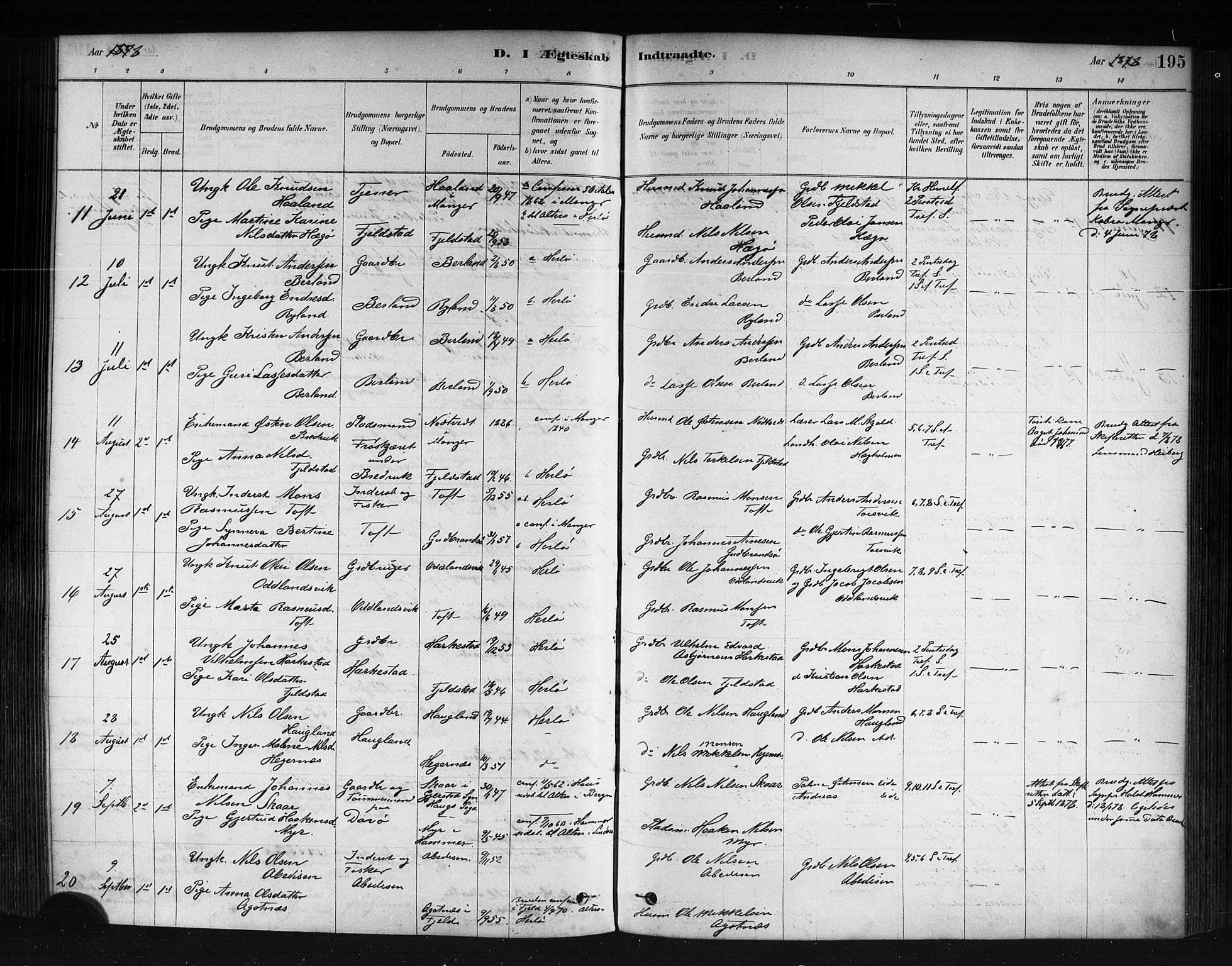 Herdla Sokneprestembete, AV/SAB-A-75701/H/Haa: Parish register (official) no. A 3, 1878-1890, p. 195