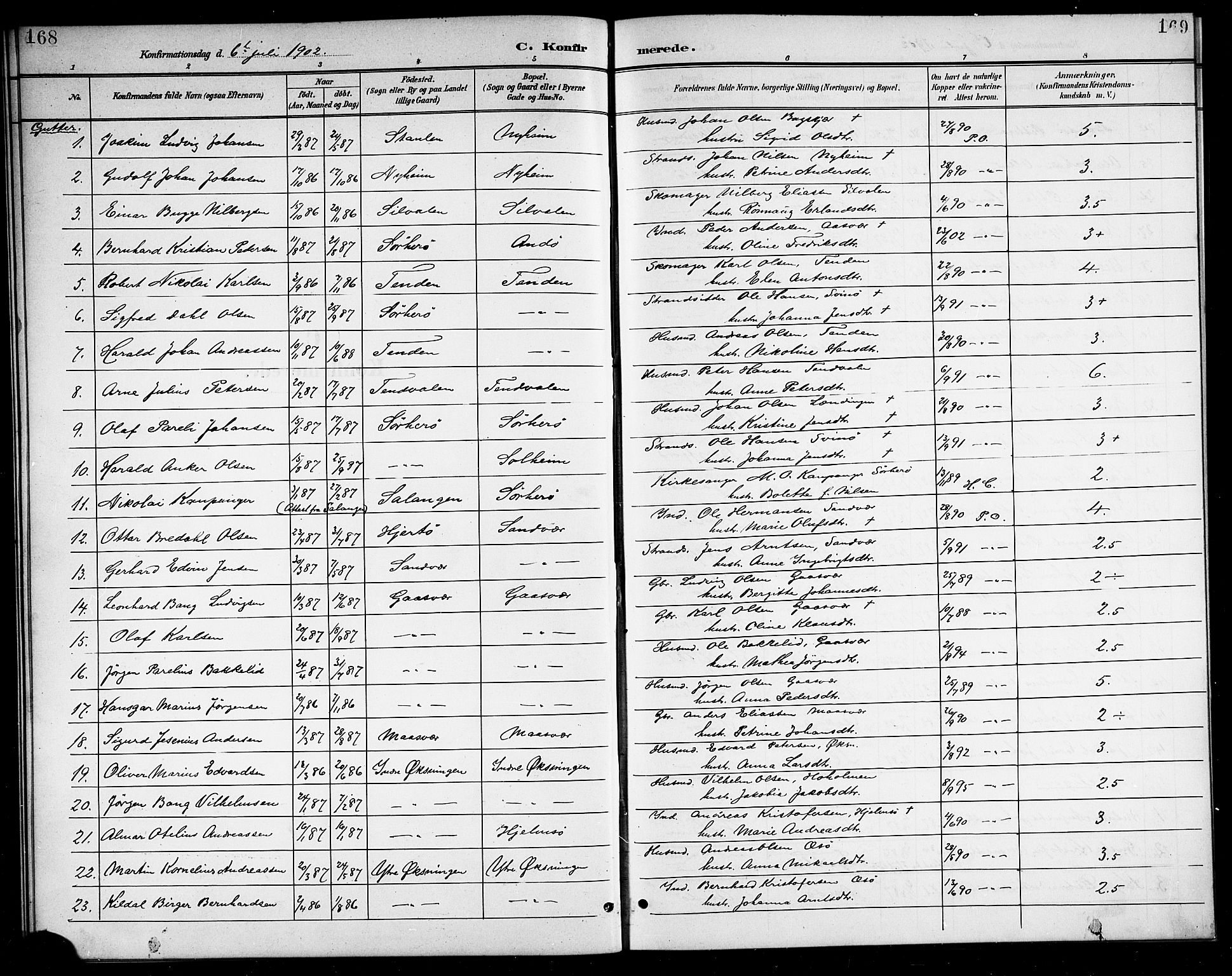 Ministerialprotokoller, klokkerbøker og fødselsregistre - Nordland, SAT/A-1459/834/L0516: Parish register (copy) no. 834C06, 1902-1918, p. 168-169