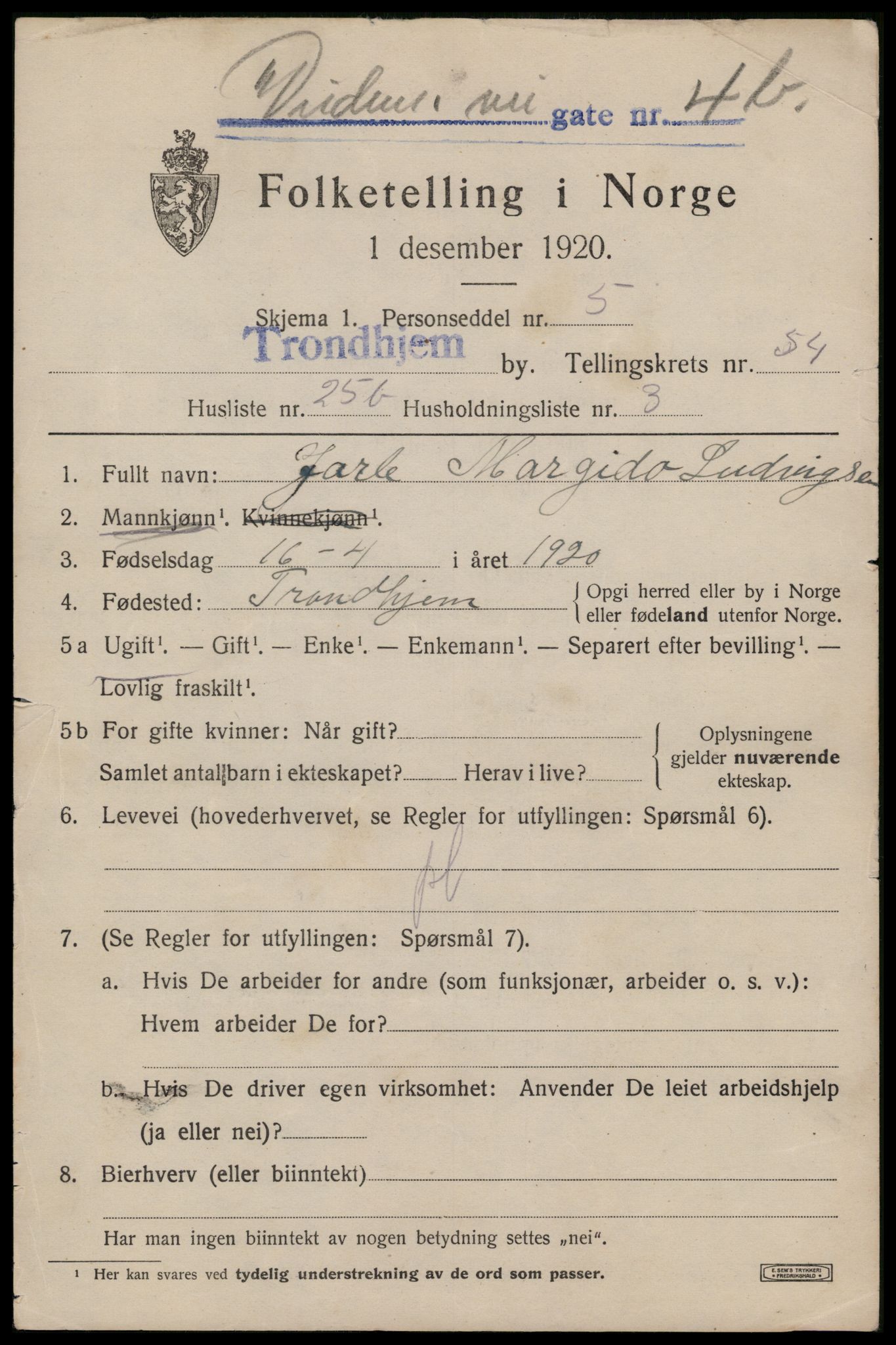 SAT, 1920 census for Trondheim, 1920, p. 111428