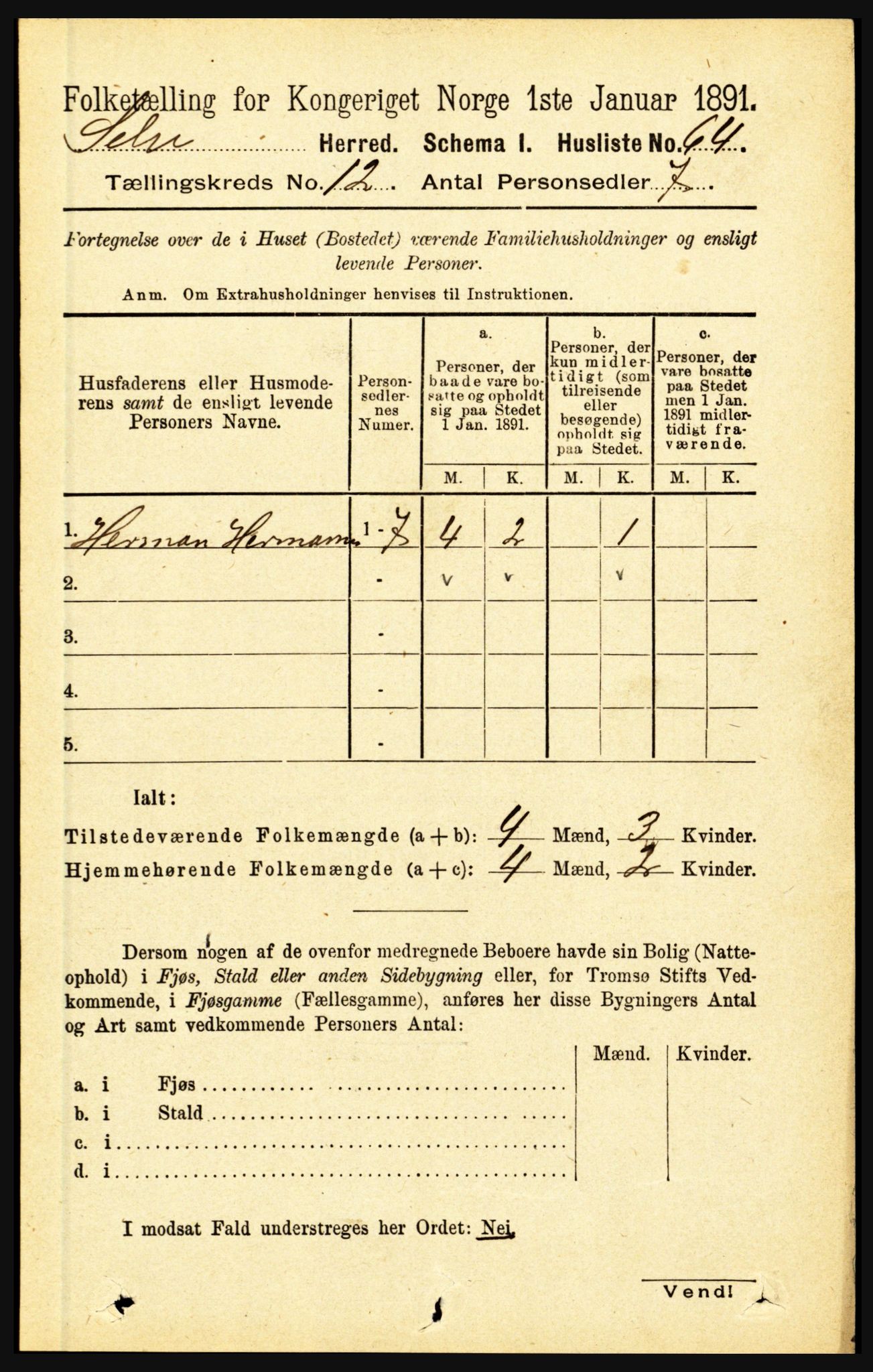 RA, 1891 census for 1441 Selje, 1891, p. 3687