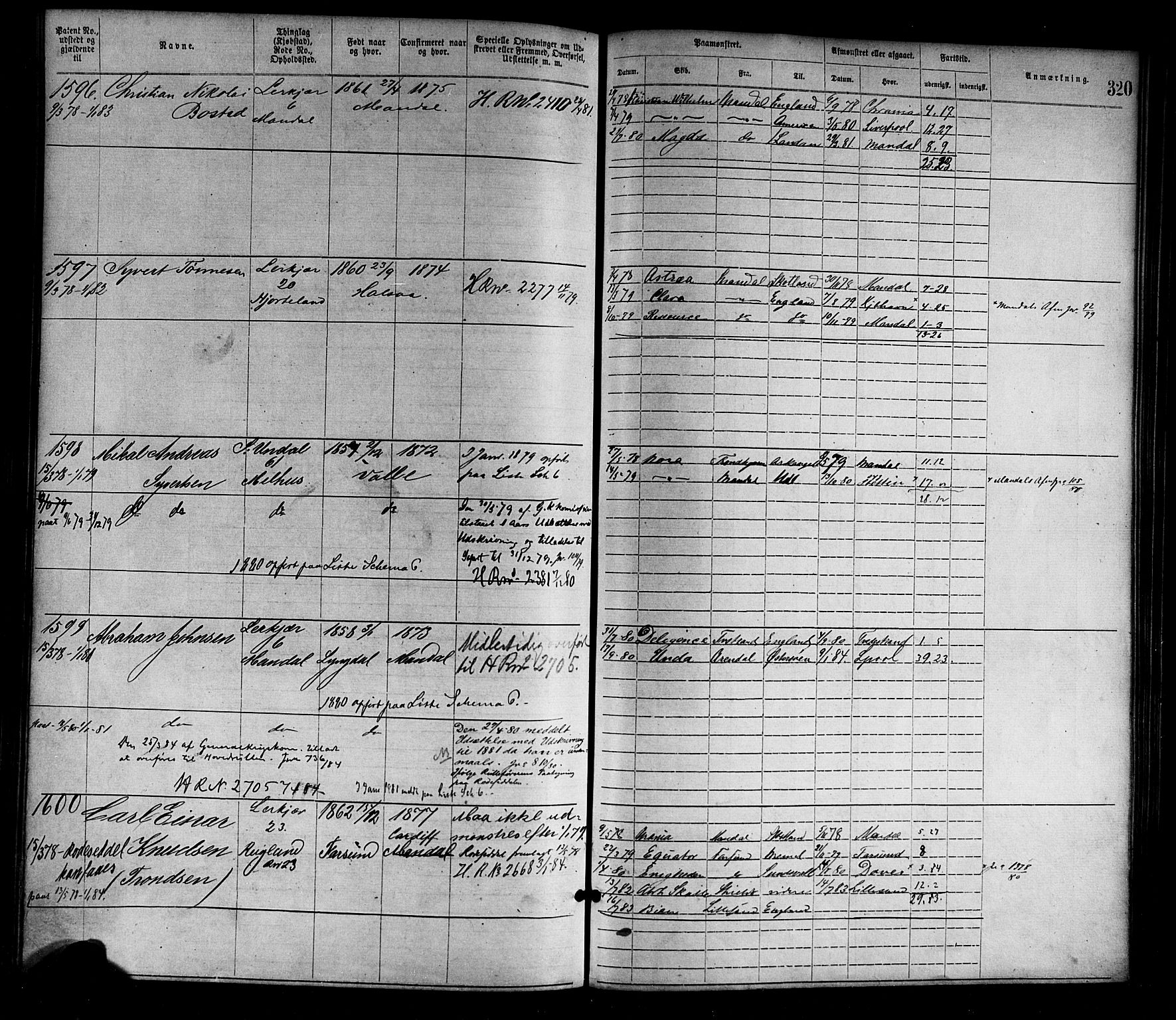 Mandal mønstringskrets, SAK/2031-0016/F/Fa/L0001: Annotasjonsrulle nr 1-1920 med register, L-3, 1869-1881, p. 358