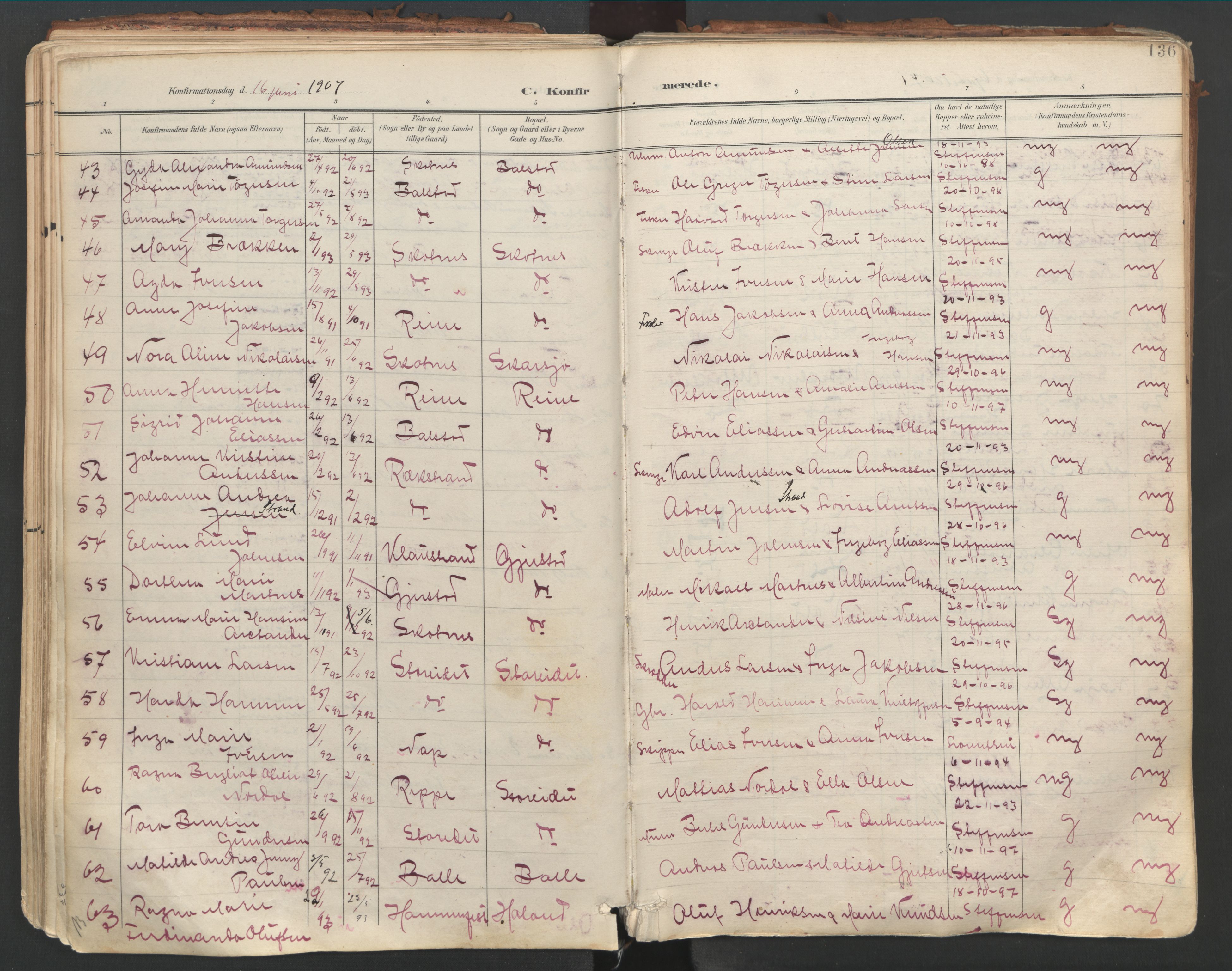 Ministerialprotokoller, klokkerbøker og fødselsregistre - Nordland, AV/SAT-A-1459/881/L1154: Parish register (official) no. 881A07, 1907-1918, p. 136