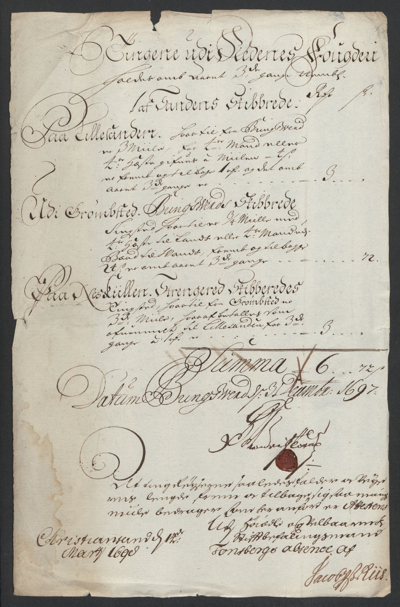 Rentekammeret inntil 1814, Reviderte regnskaper, Fogderegnskap, AV/RA-EA-4092/R39/L2313: Fogderegnskap Nedenes, 1696-1697, p. 204