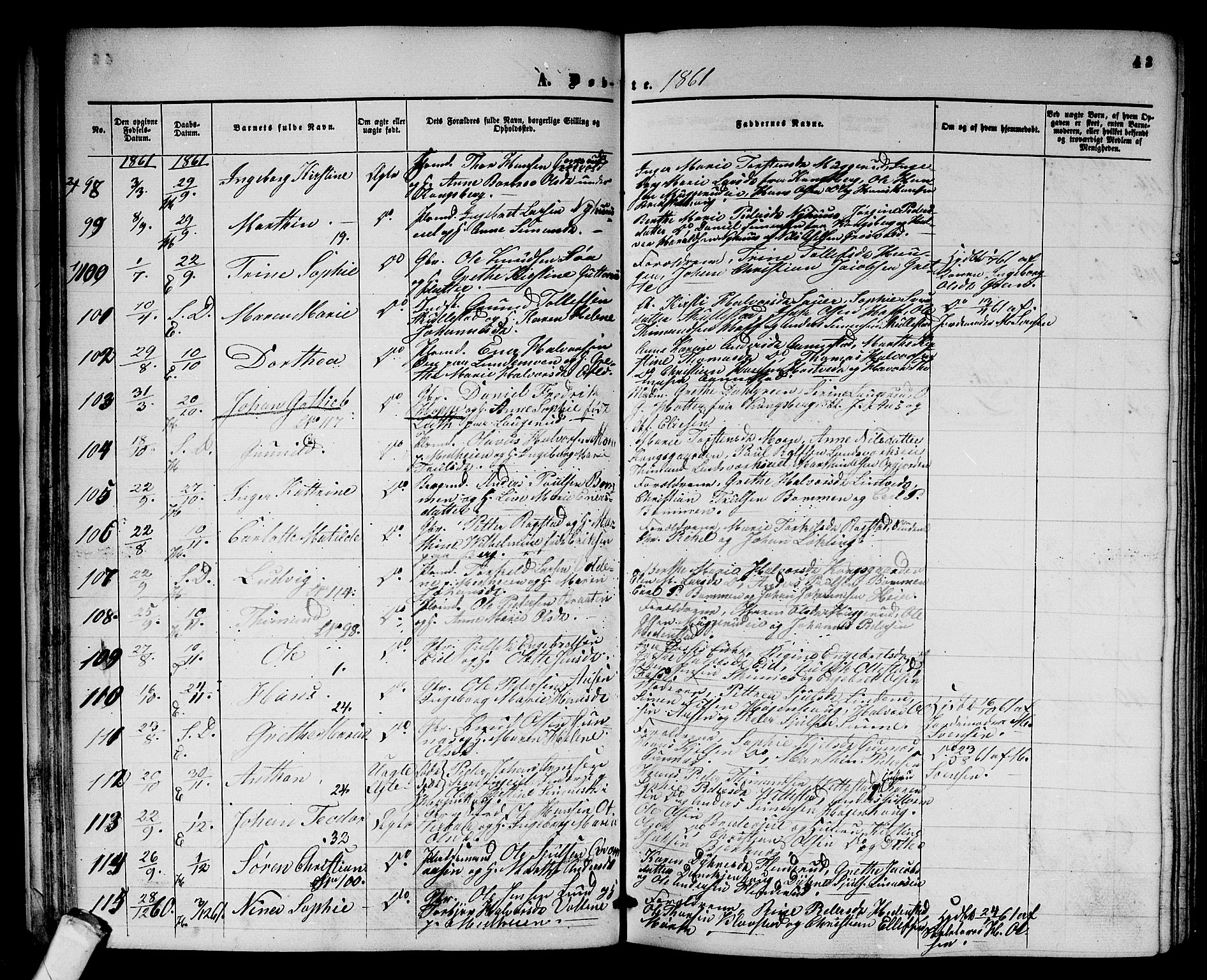 Sandsvær kirkebøker, SAKO/A-244/G/Ga/L0005: Parish register (copy) no. I 5, 1857-1873, p. 43