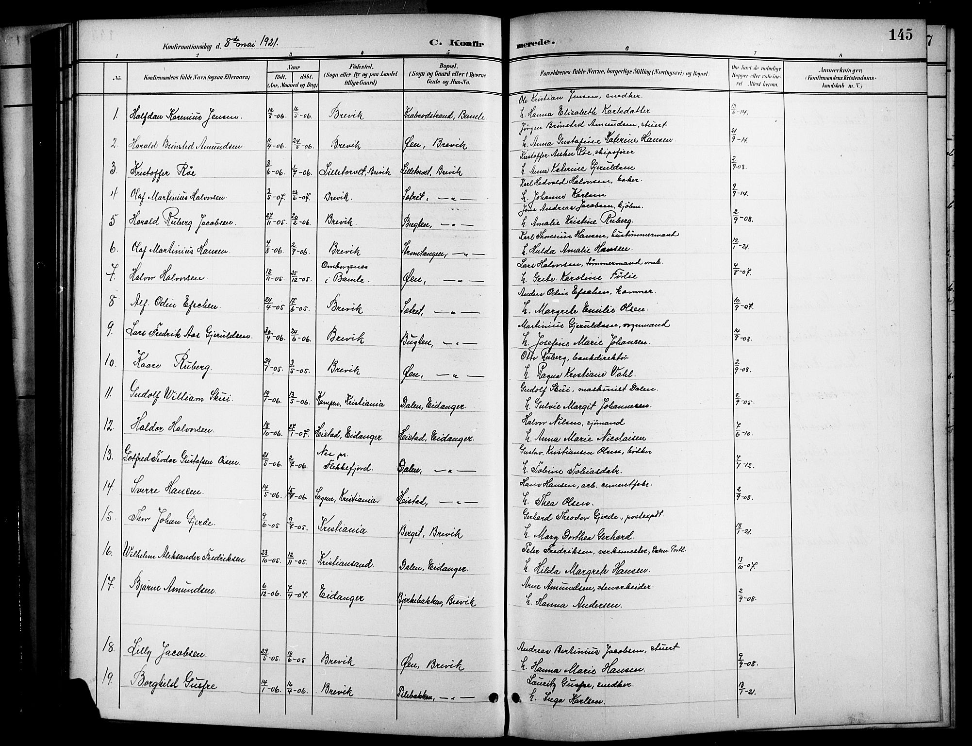 Brevik kirkebøker, SAKO/A-255/G/Ga/L0005: Parish register (copy) no. 5, 1901-1924, p. 145