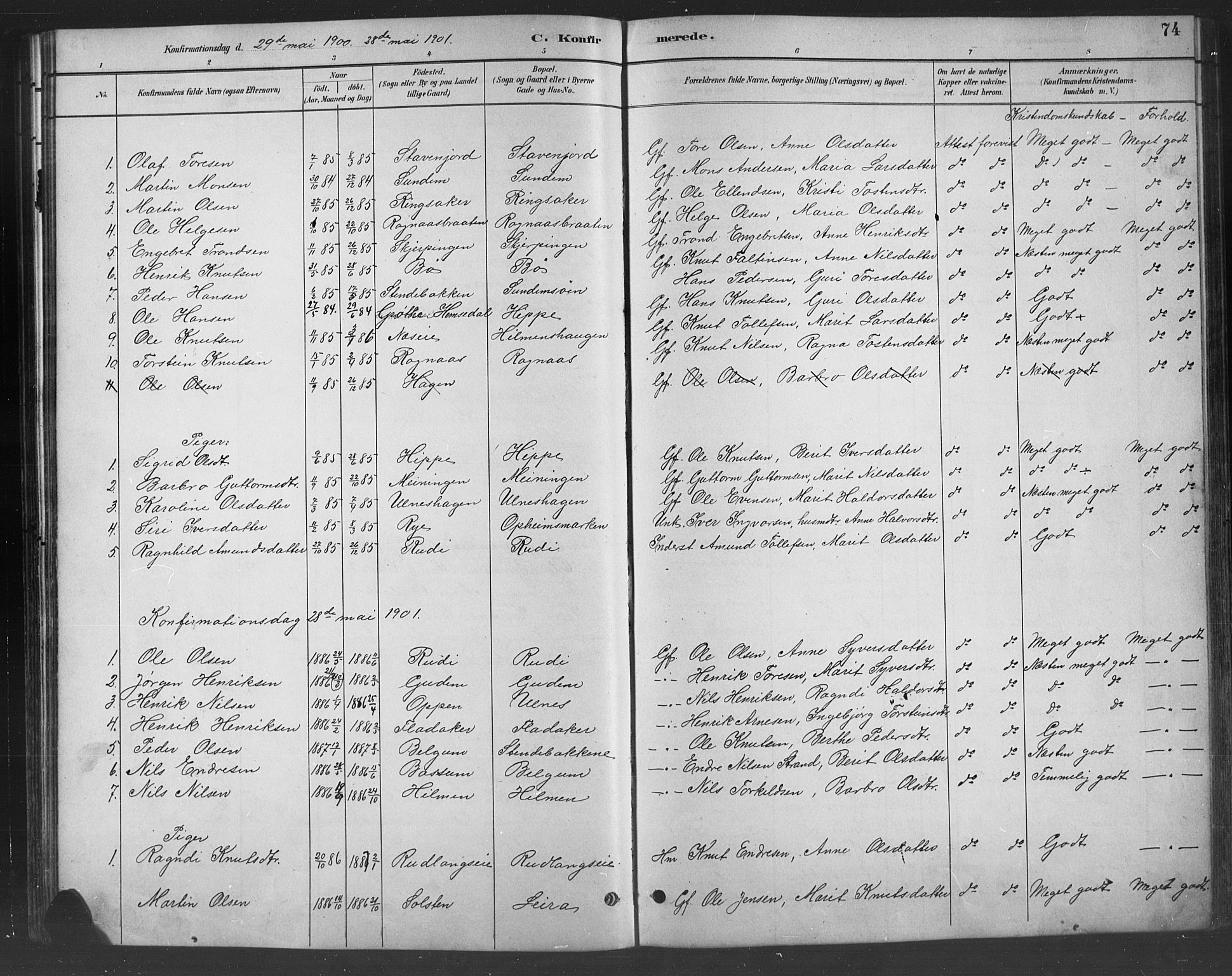 Nord-Aurdal prestekontor, SAH/PREST-132/H/Ha/Hab/L0008: Parish register (copy) no. 8, 1883-1916, p. 74