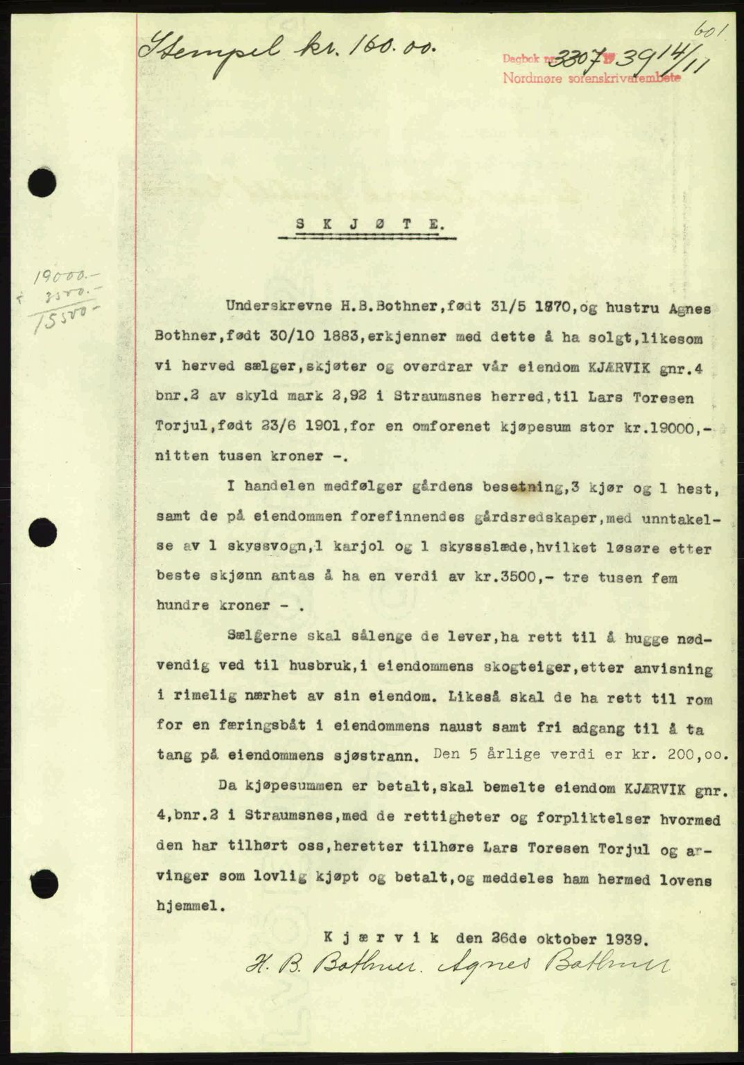 Nordmøre sorenskriveri, AV/SAT-A-4132/1/2/2Ca: Mortgage book no. A87, 1939-1940, Diary no: : 3307/1939