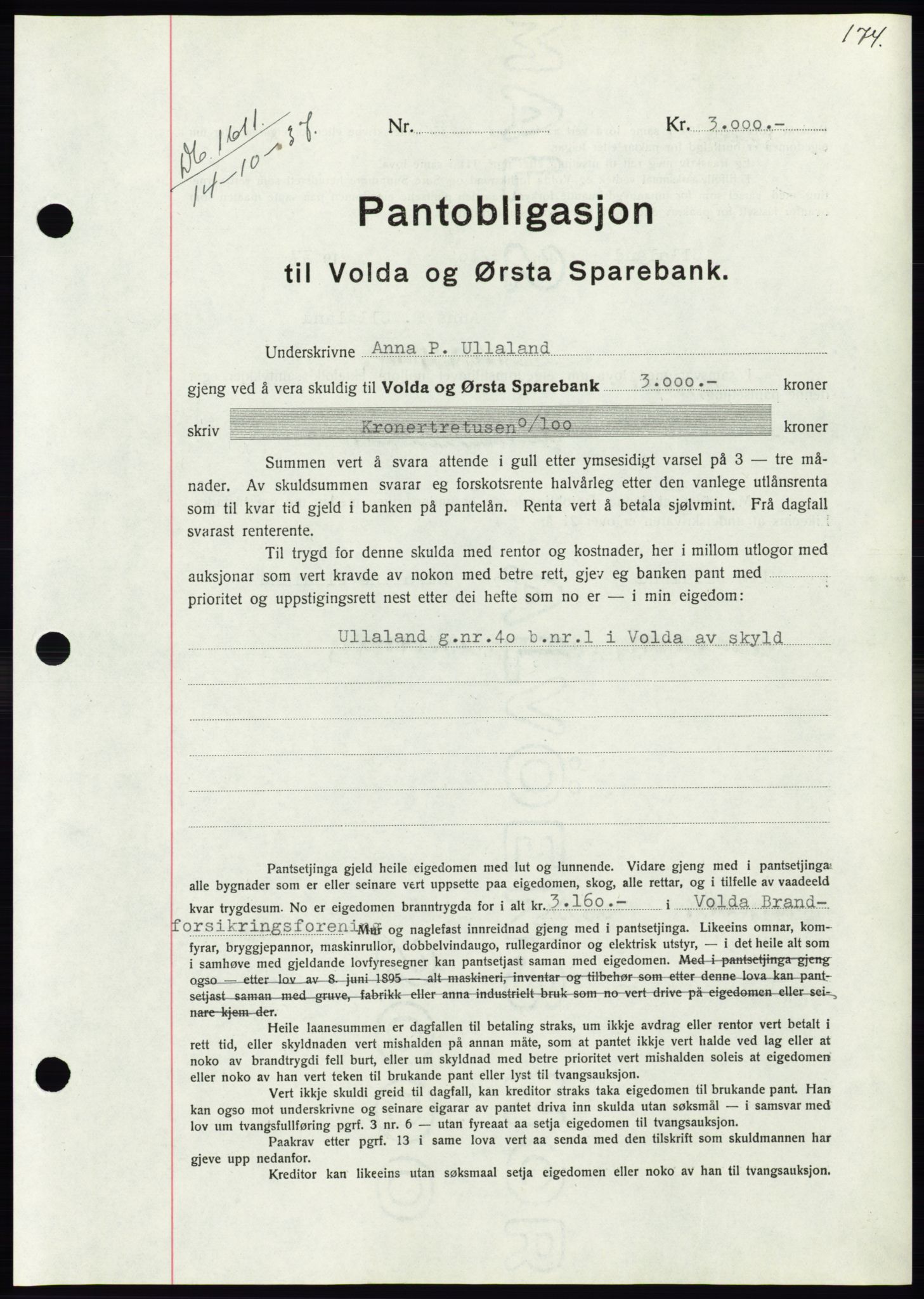 Søre Sunnmøre sorenskriveri, AV/SAT-A-4122/1/2/2C/L0064: Mortgage book no. 58, 1937-1938, Diary no: : 1611/1937