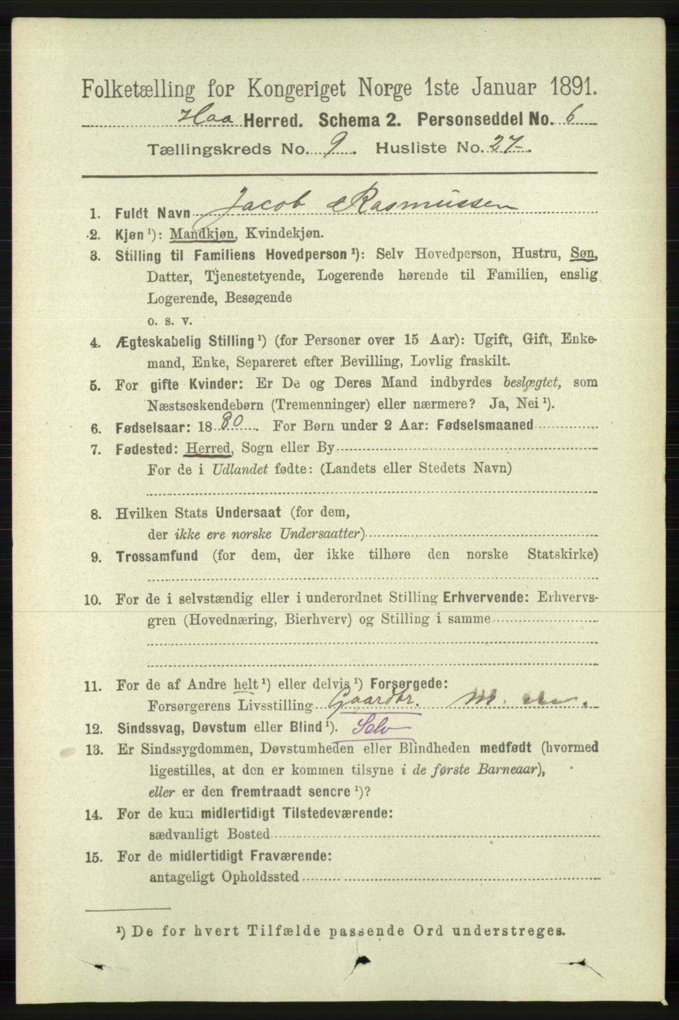 RA, 1891 census for 1119 Hå, 1891, p. 2368