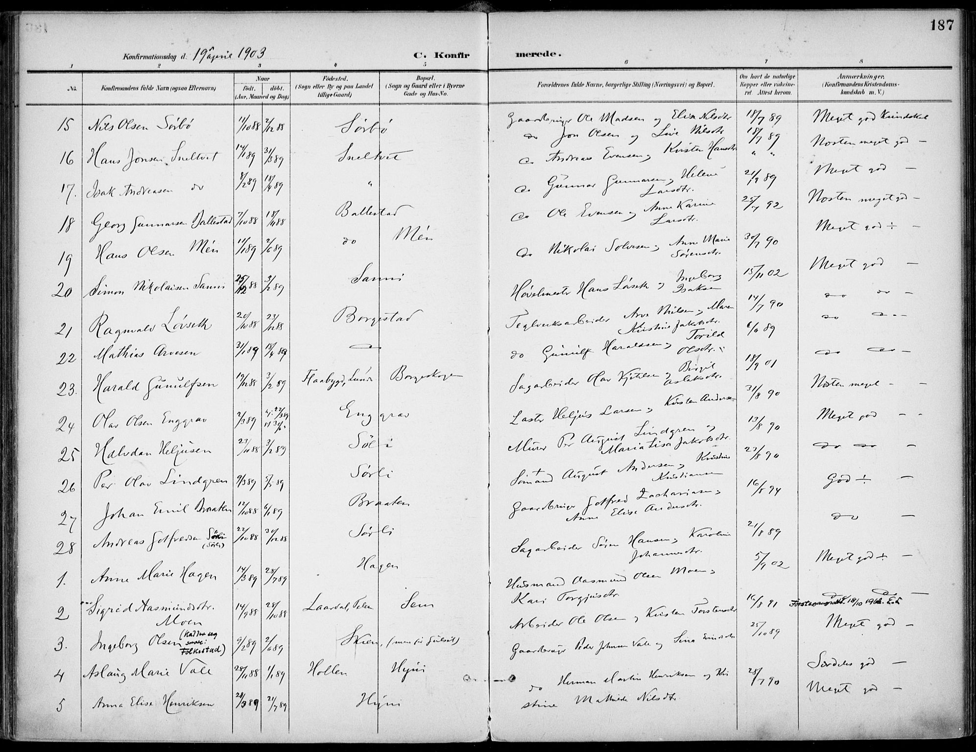 Gjerpen kirkebøker, SAKO/A-265/F/Fa/L0011: Parish register (official) no. I 11, 1896-1904, p. 187