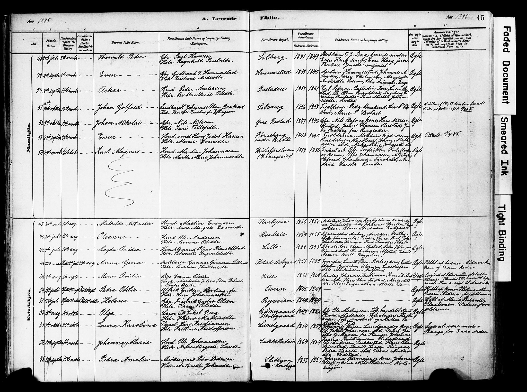 Østre Toten prestekontor, SAH/PREST-104/H/Ha/Haa/L0006: Parish register (official) no. 6 /1, 1878-1896, p. 45