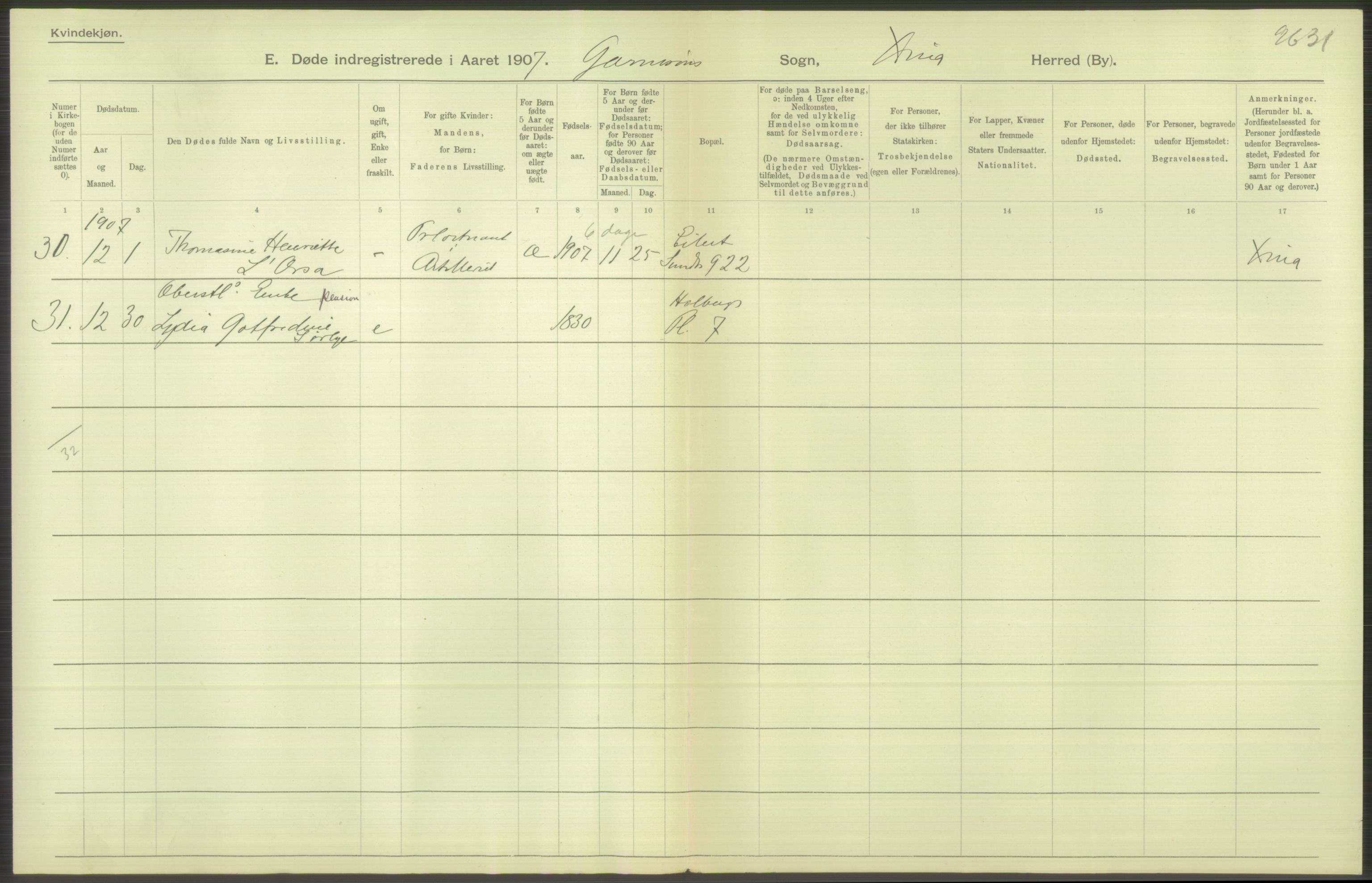 Statistisk sentralbyrå, Sosiodemografiske emner, Befolkning, AV/RA-S-2228/D/Df/Dfa/Dfae/L0009: Kristiania: Døde, 1907, p. 576