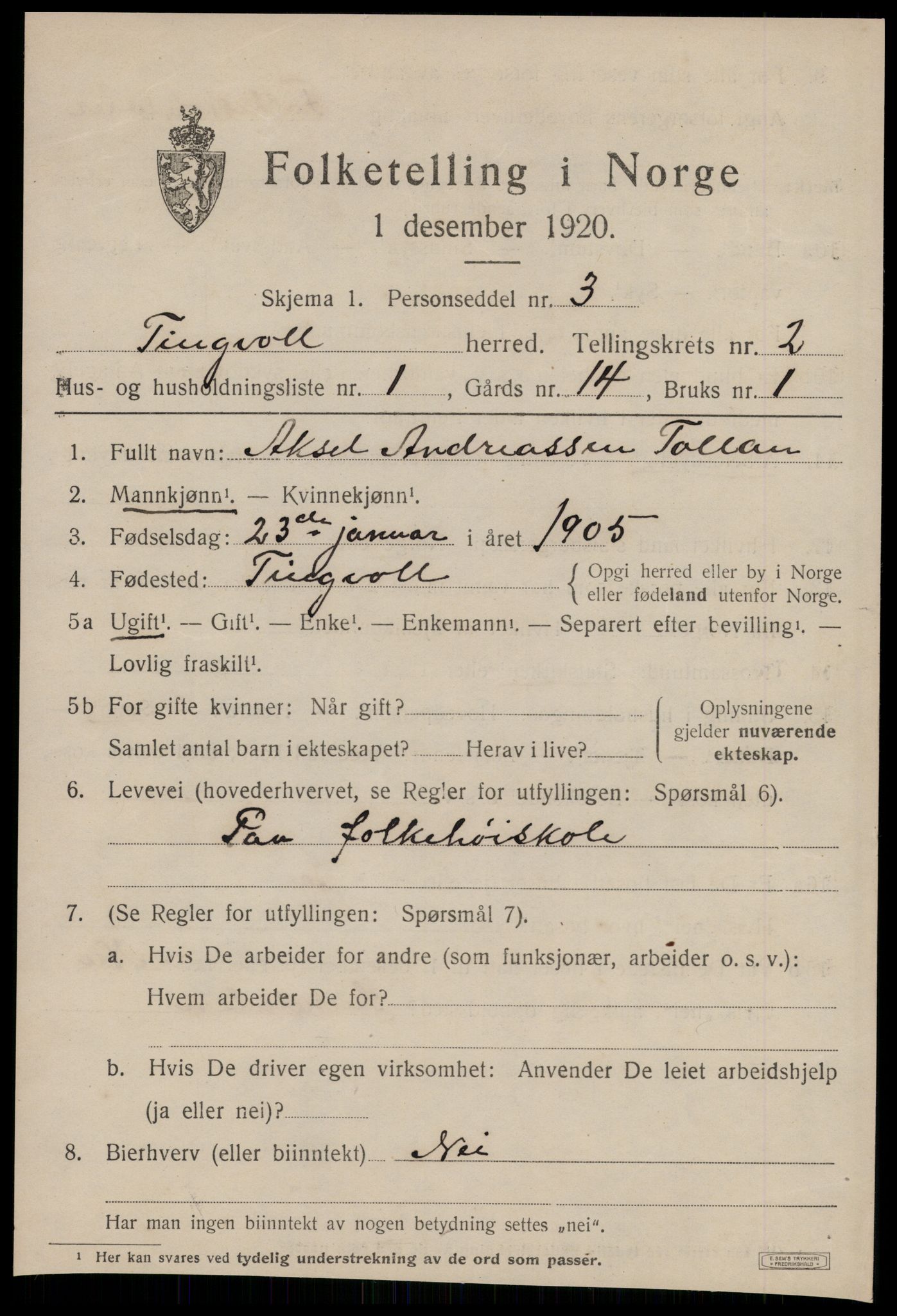 SAT, 1920 census for Tingvoll, 1920, p. 1166