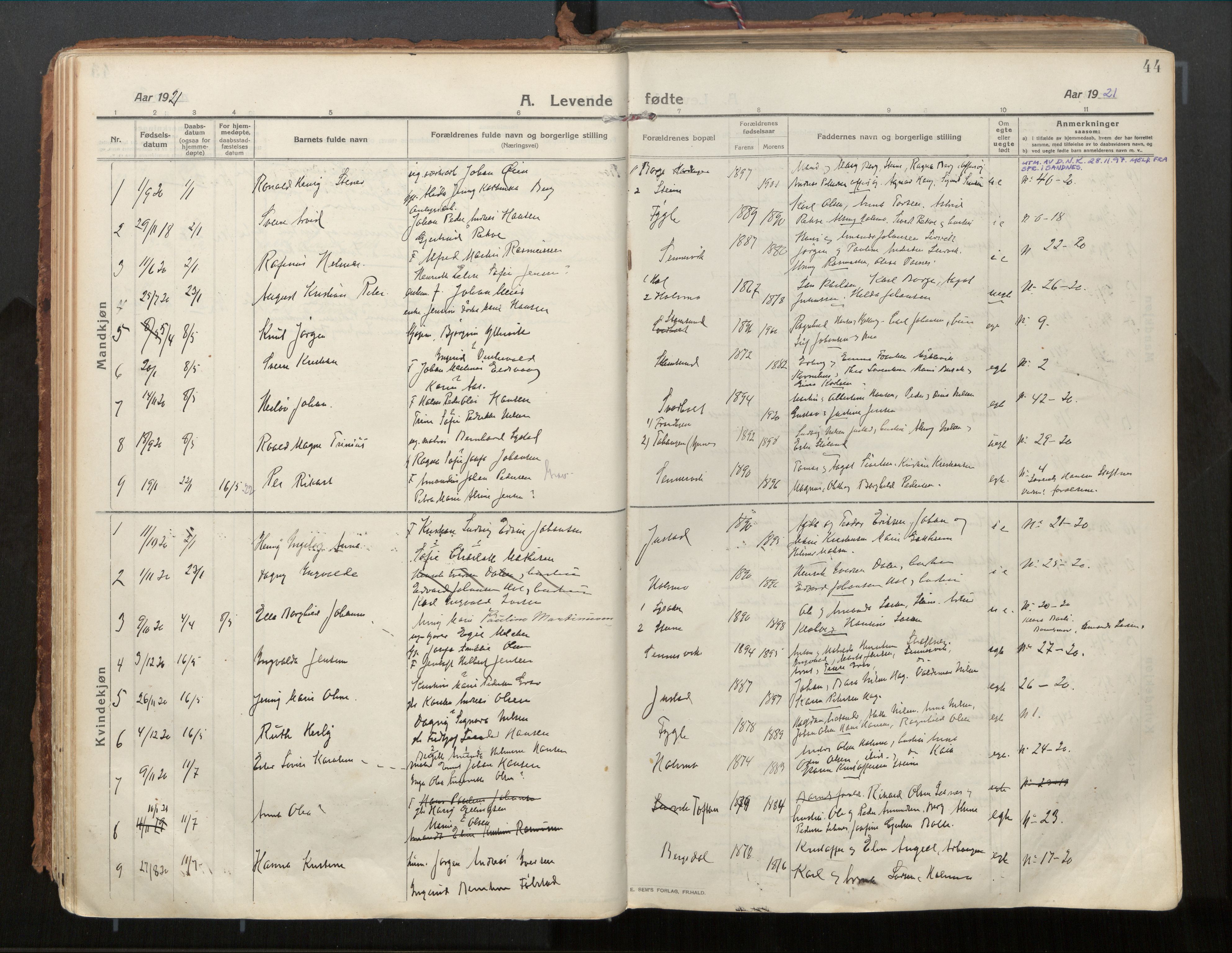 Ministerialprotokoller, klokkerbøker og fødselsregistre - Nordland, AV/SAT-A-1459/882/L1181: Parish register (official) no. 882A03, 1913-1937, p. 44