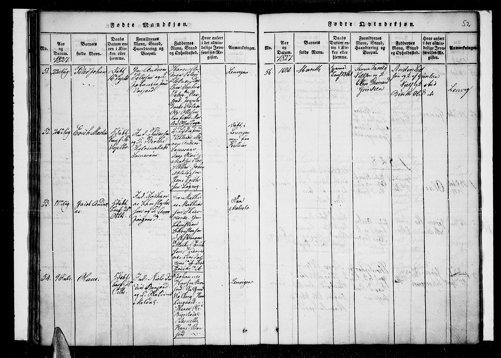 Lenvik sokneprestembete, SATØ/S-1310/H/Ha/Haa/L0003kirke: Parish register (official) no. 3, 1820-1831, p. 52