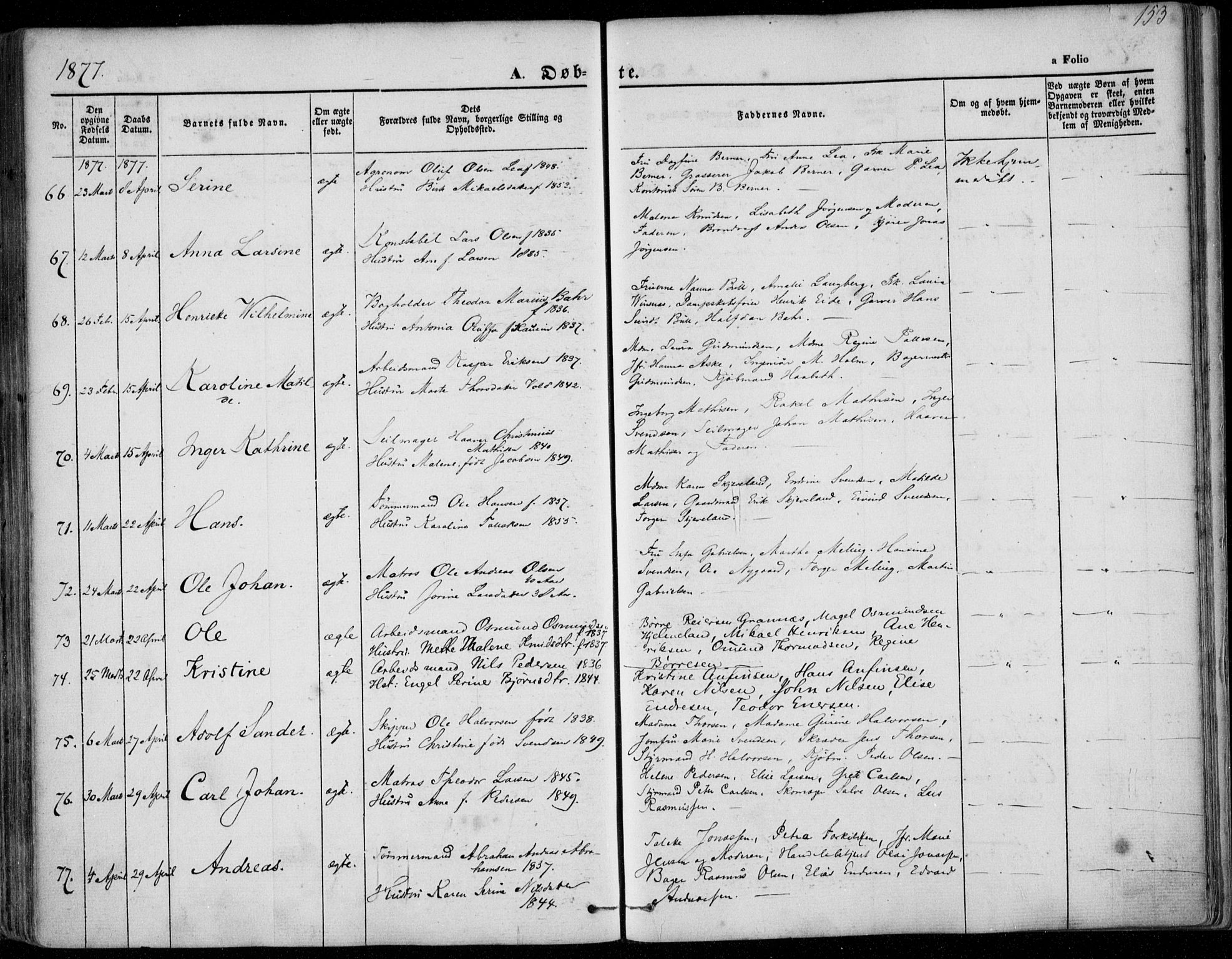 Domkirken sokneprestkontor, AV/SAST-A-101812/001/30/30BA/L0022: Parish register (official) no. A 21, 1868-1877, p. 153