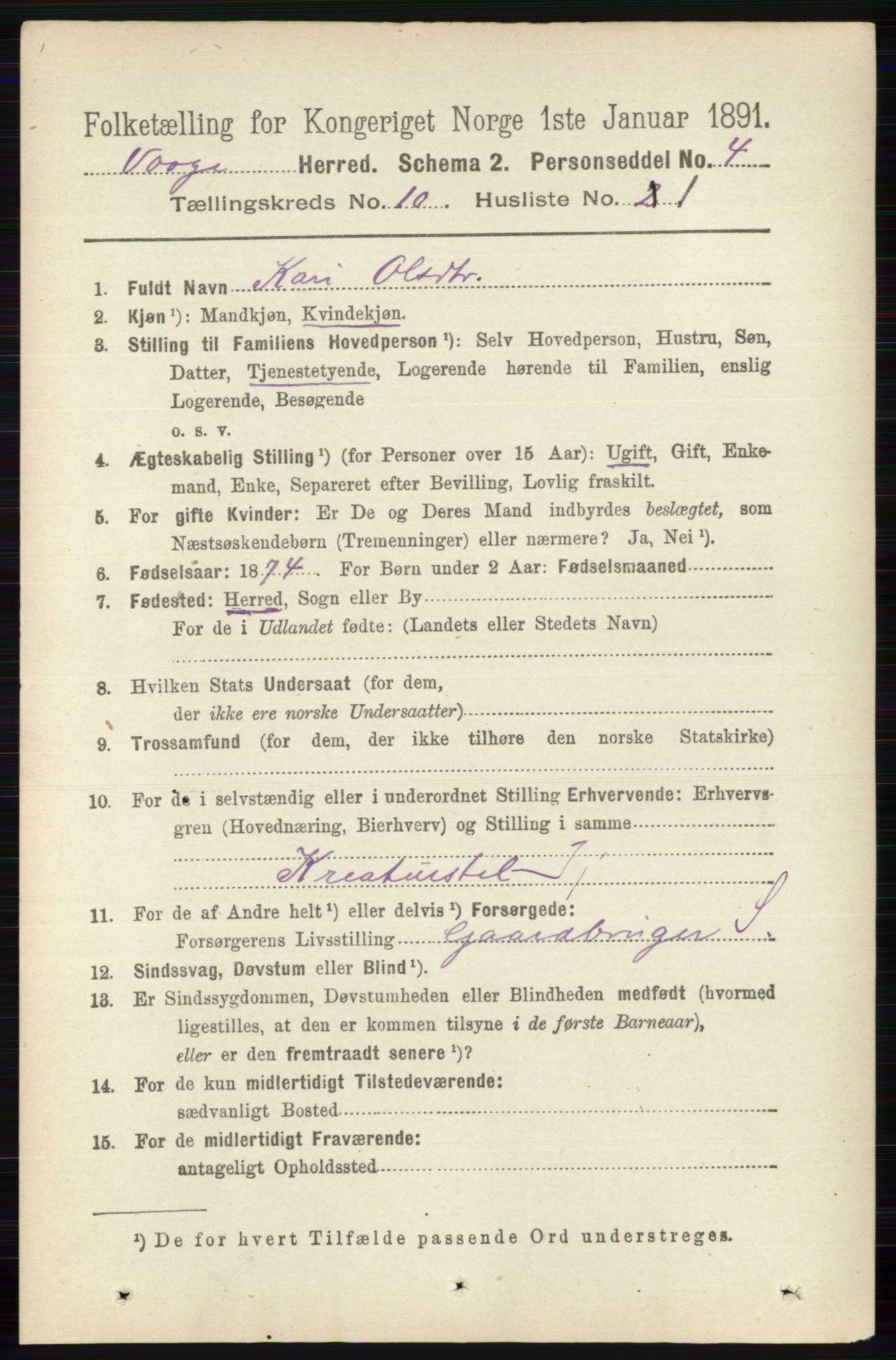 RA, 1891 census for 0515 Vågå, 1891, p. 6221