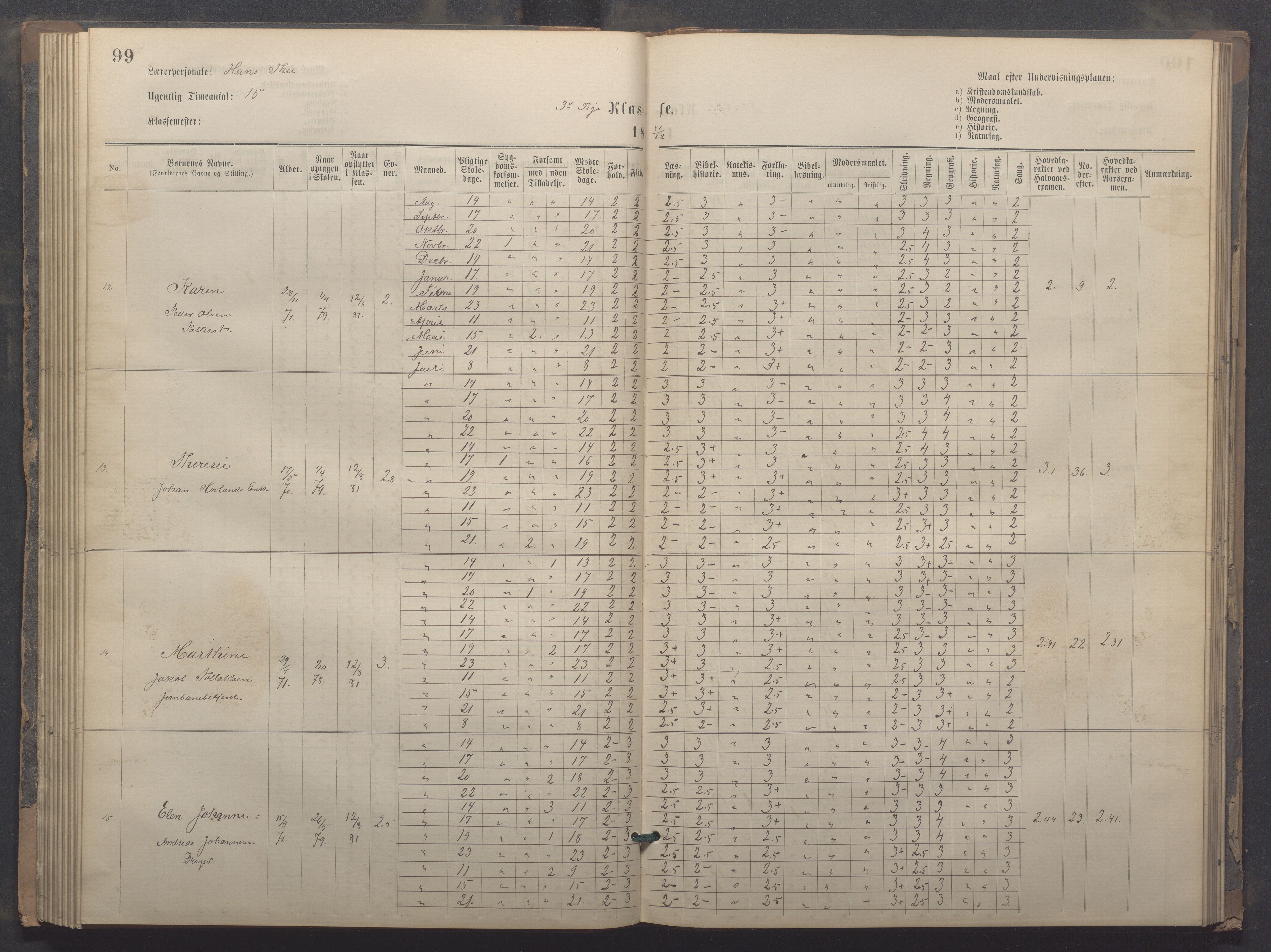 Egersund kommune (Ladested) - Egersund almueskole/folkeskole, IKAR/K-100521/H/L0020: Skoleprotokoll - Almueskolen, 3./4. klasse, 1878-1887, p. 99