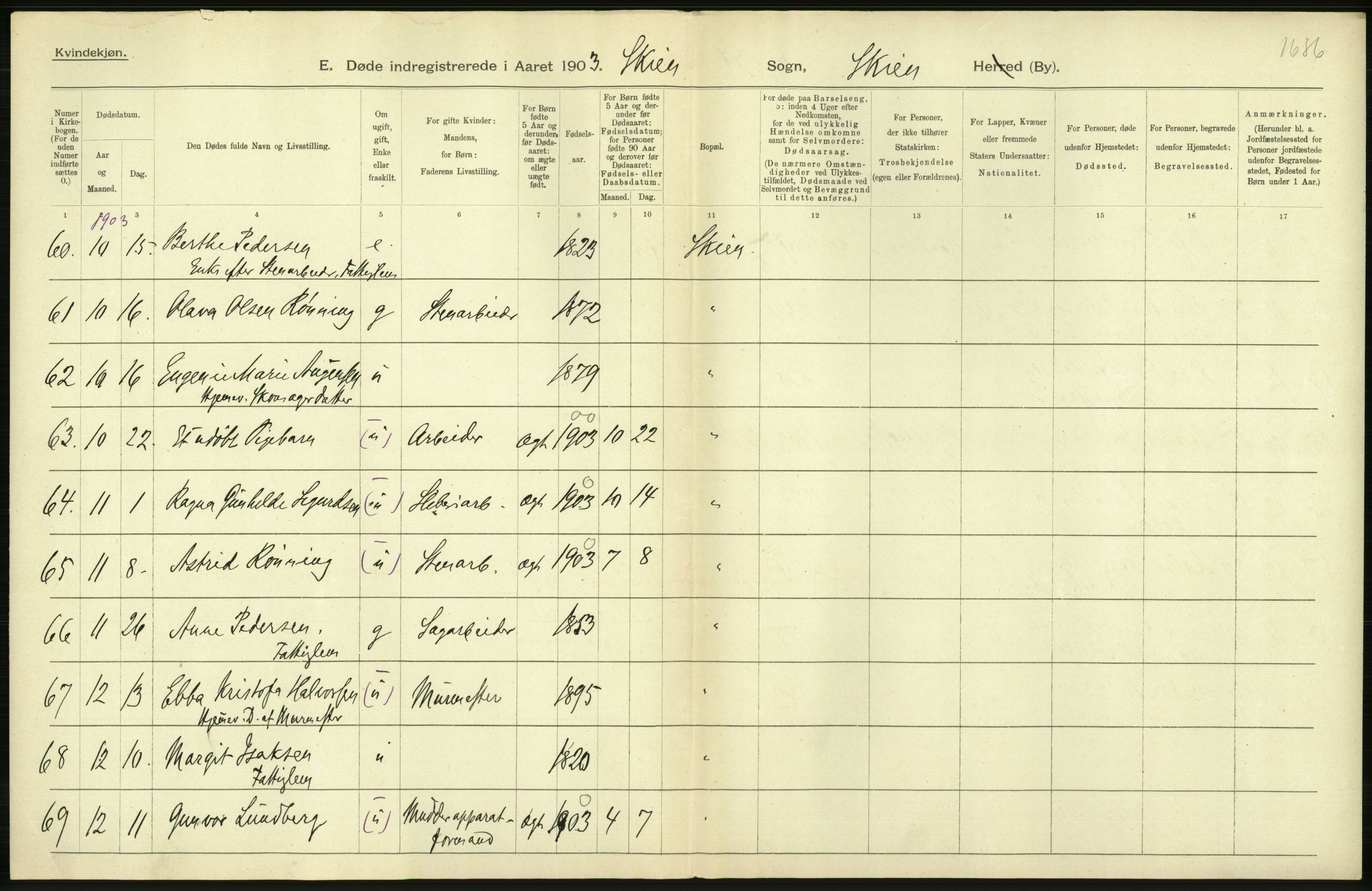 Statistisk sentralbyrå, Sosiodemografiske emner, Befolkning, AV/RA-S-2228/D/Df/Dfa/Dfaa/L0009: Bratsberg amt: Fødte, gifte, døde, 1903, p. 676