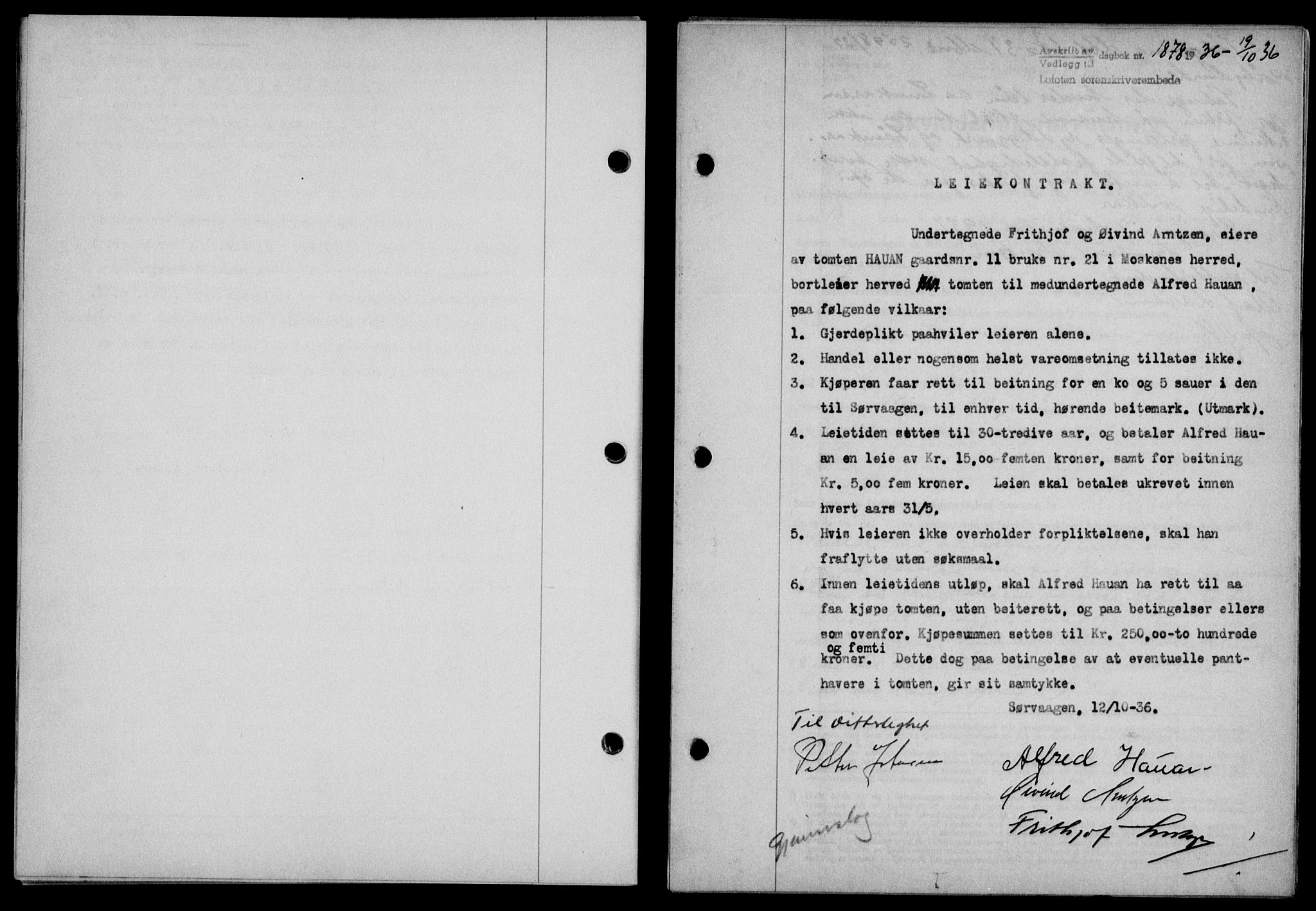 Lofoten sorenskriveri, SAT/A-0017/1/2/2C/L0001a: Mortgage book no. 1a, 1936-1937, Diary no: : 1878/1936