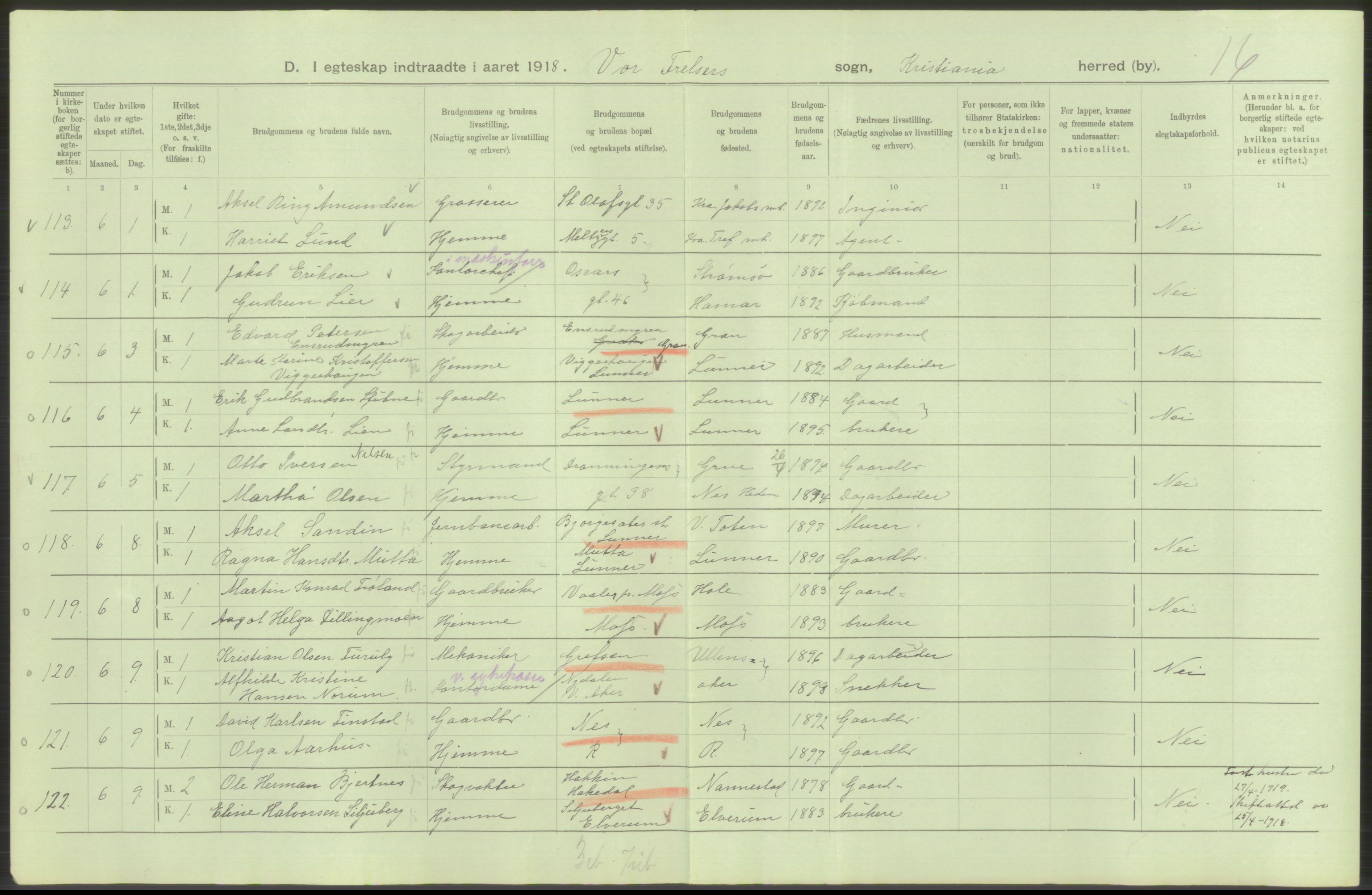 Statistisk sentralbyrå, Sosiodemografiske emner, Befolkning, AV/RA-S-2228/D/Df/Dfb/Dfbh/L0009: Kristiania: Gifte, 1918, p. 74