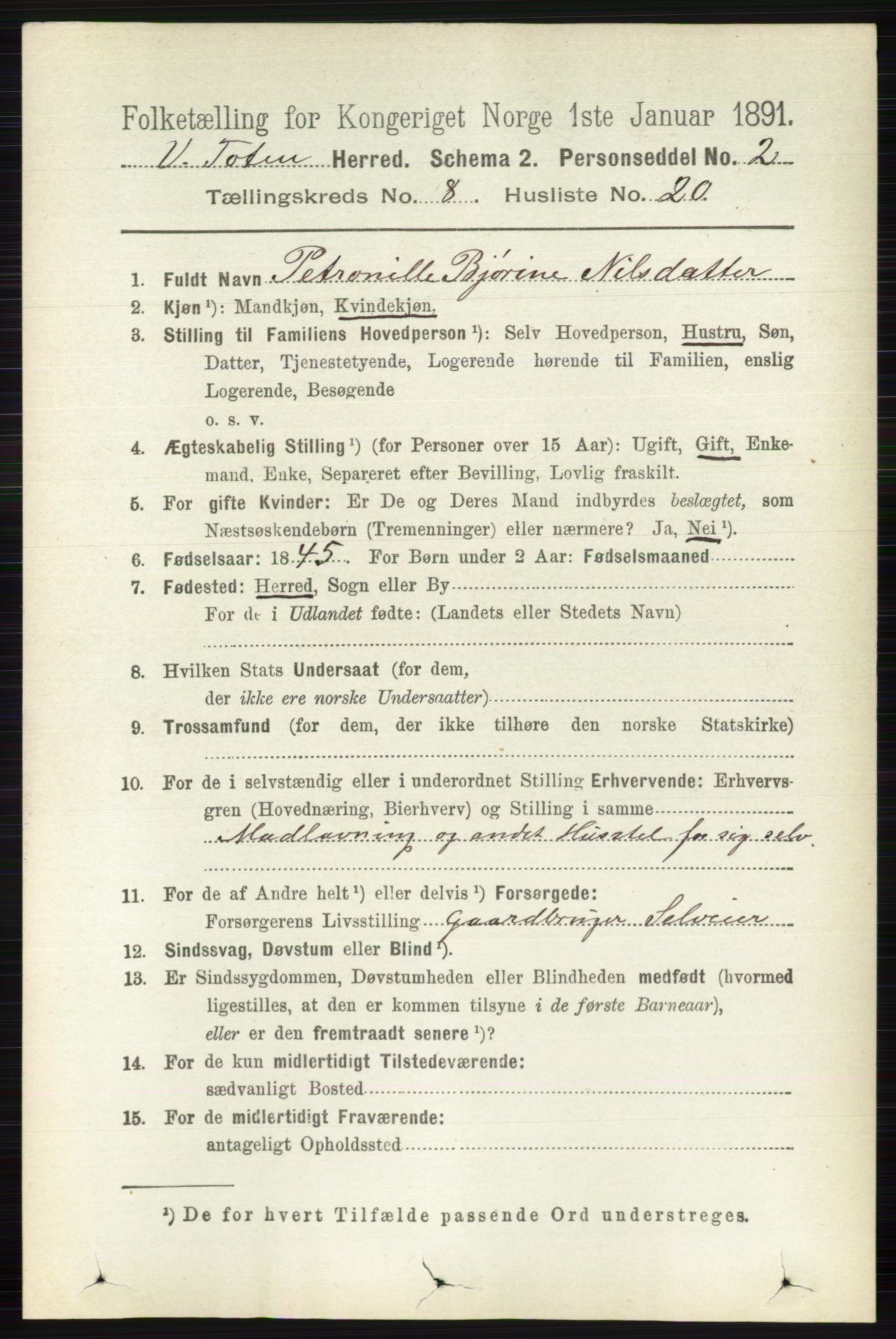 RA, 1891 census for 0529 Vestre Toten, 1891, p. 5113