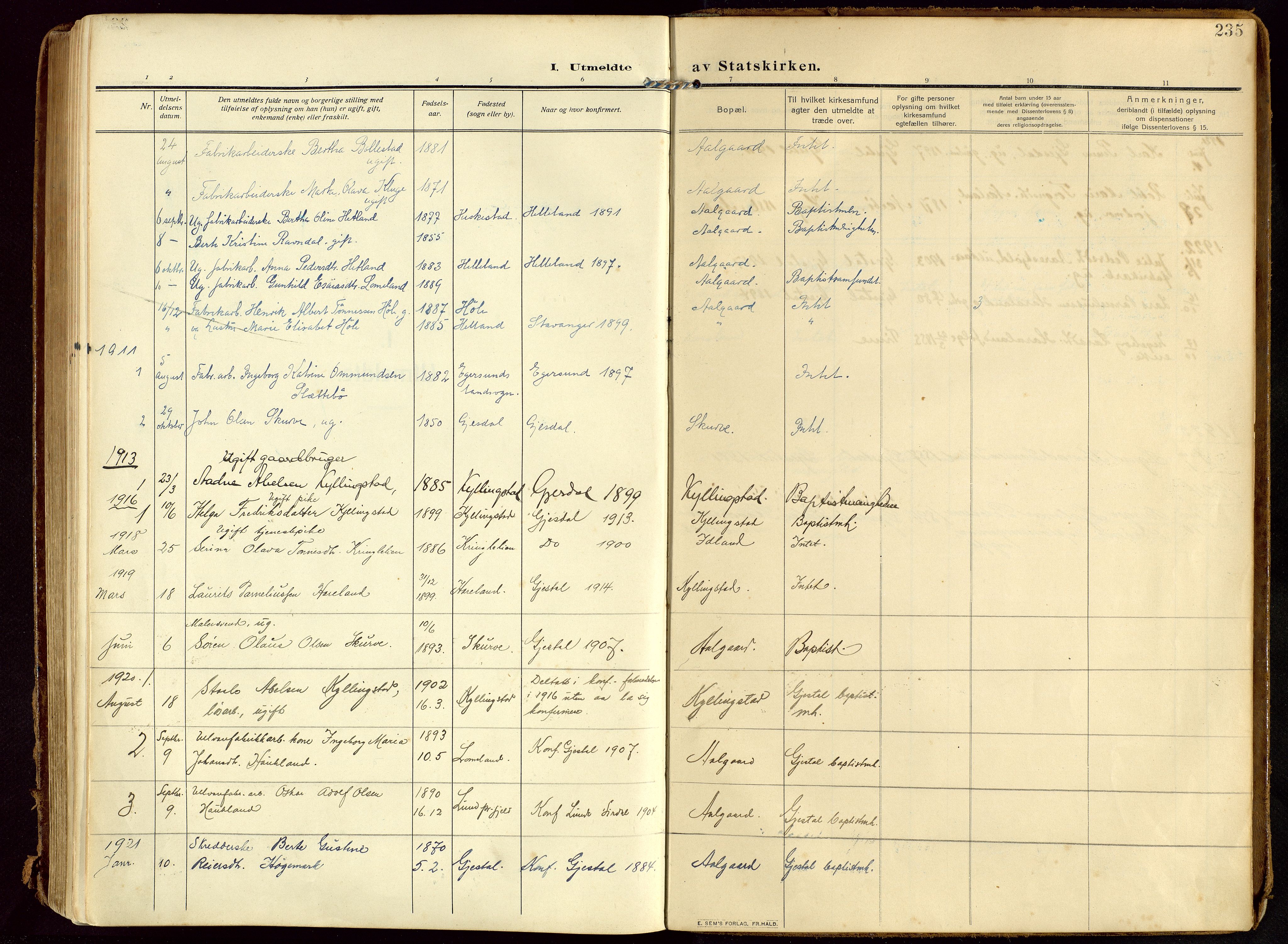 Lye sokneprestkontor, SAST/A-101794/002/B/L0001: Parish register (official) no. A 13, 1910-1925, p. 235